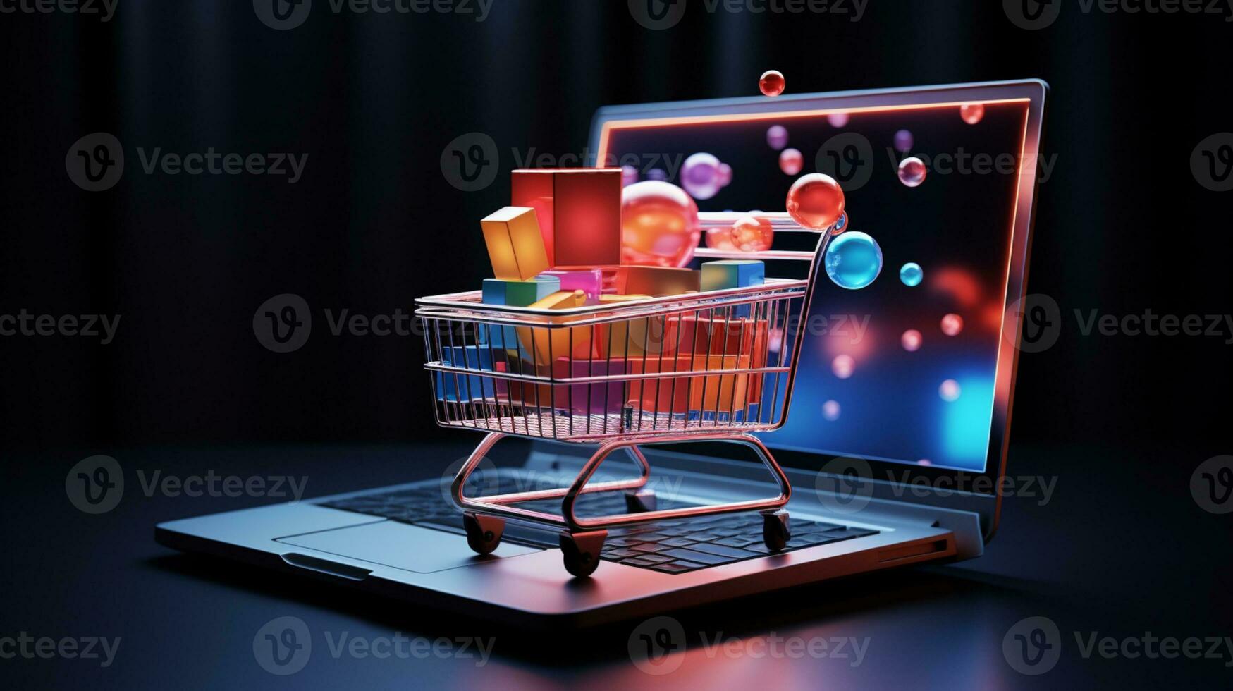 A shopping cart emitting from laptop shopping concept ai generative photo