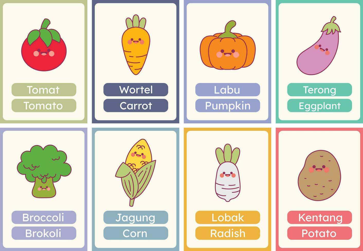 flat design vector cute veggie vegetable flashcard studying learn printable for kids activity