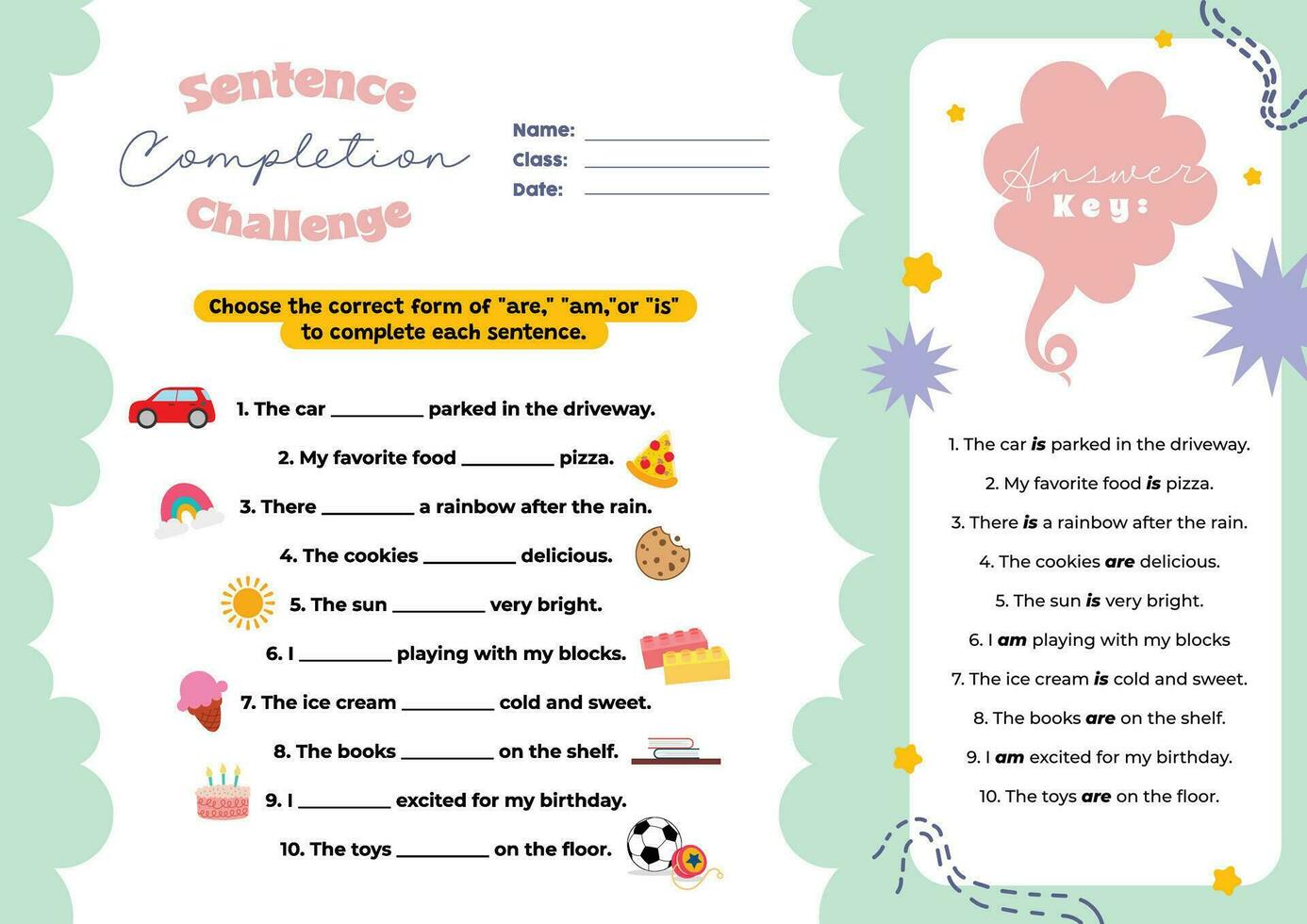 flat design vector sentence completion challenge printable worksheet for kids activity