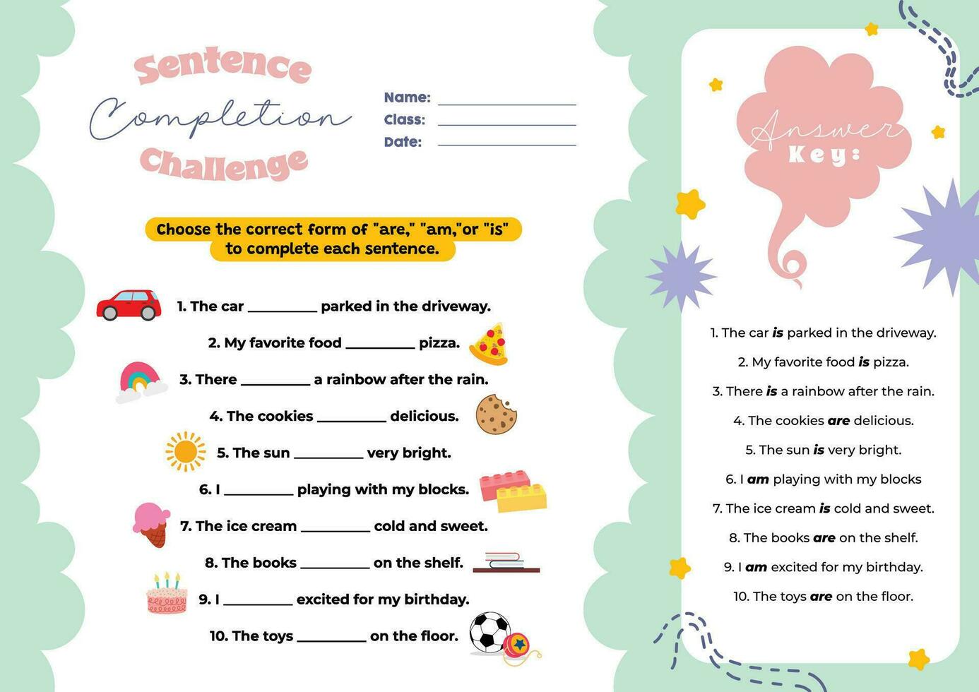 flat design vector sentence completion challenge printable worksheet for kids activity