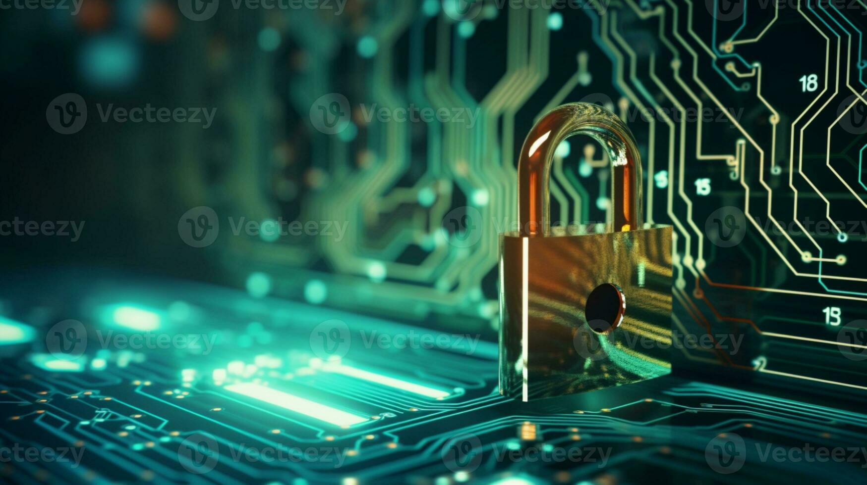 tech background with padlock on circuit modern safety cybersecurity concept ai generative photo