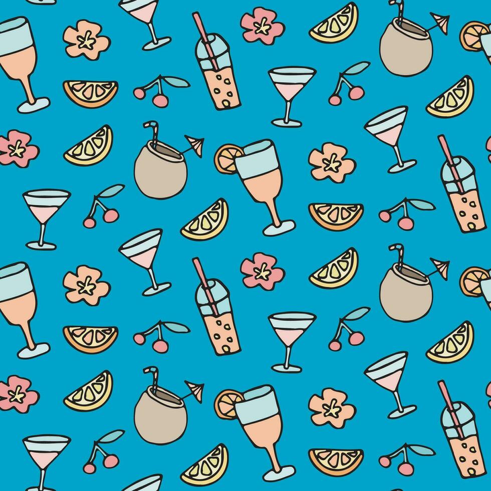 taste of summer with this tropical cocktail assortment. Perfect for menus, wallpapers, and more, in a seamless beach doodle vector pattern