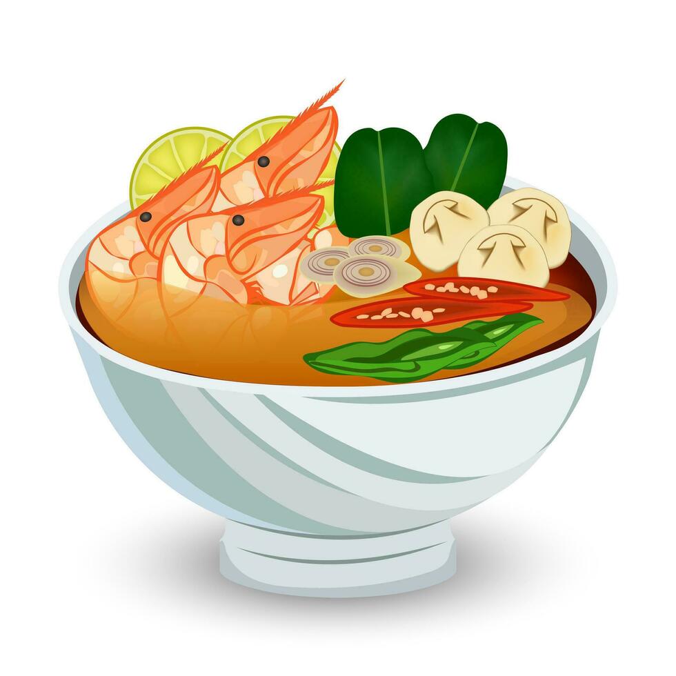 Tom Yum Kung curry in white bowl on a white background. vector illustration EPS 10.