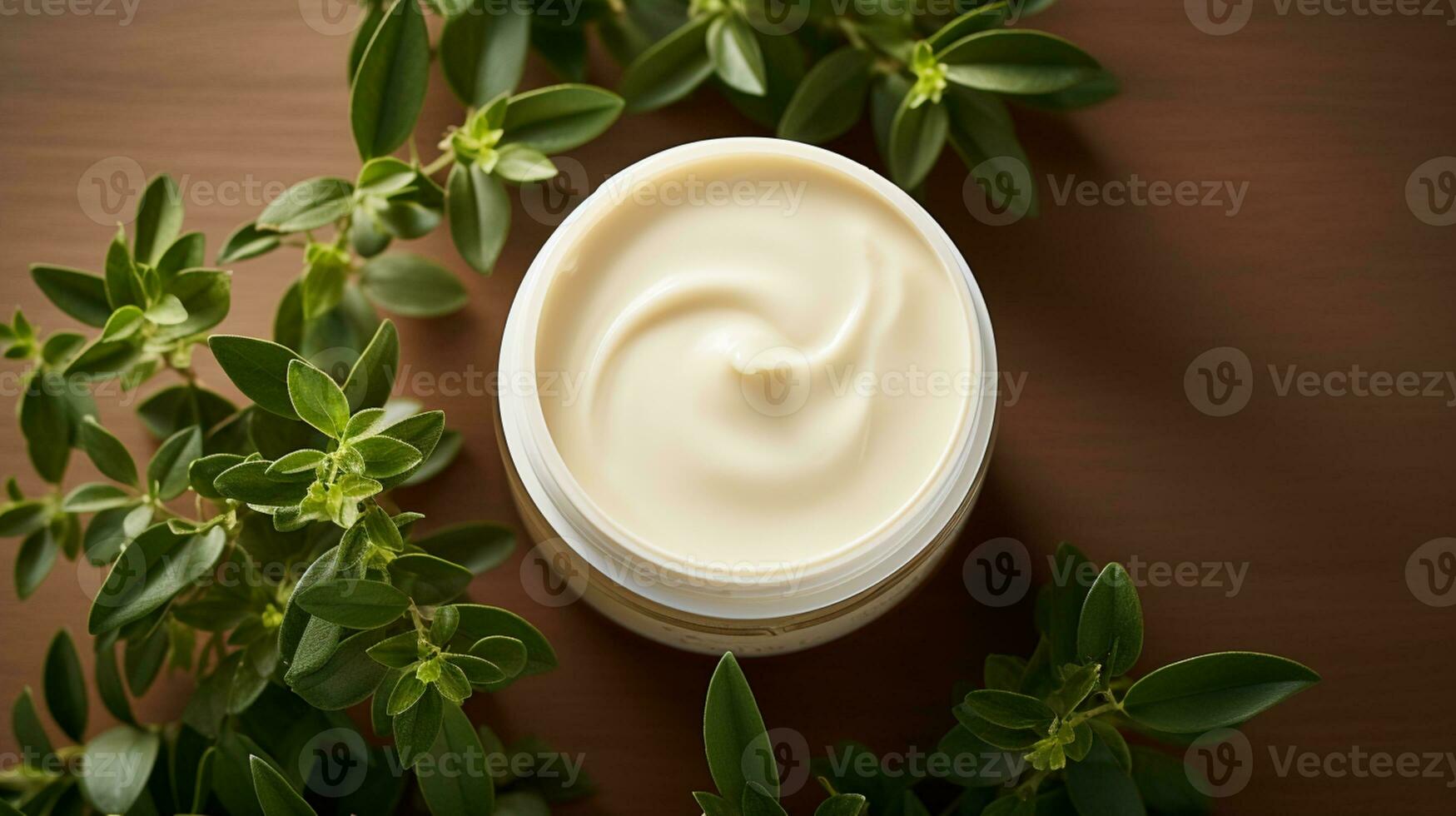top view of cream with flowers on neutral background. Spa concept AI Generative photo