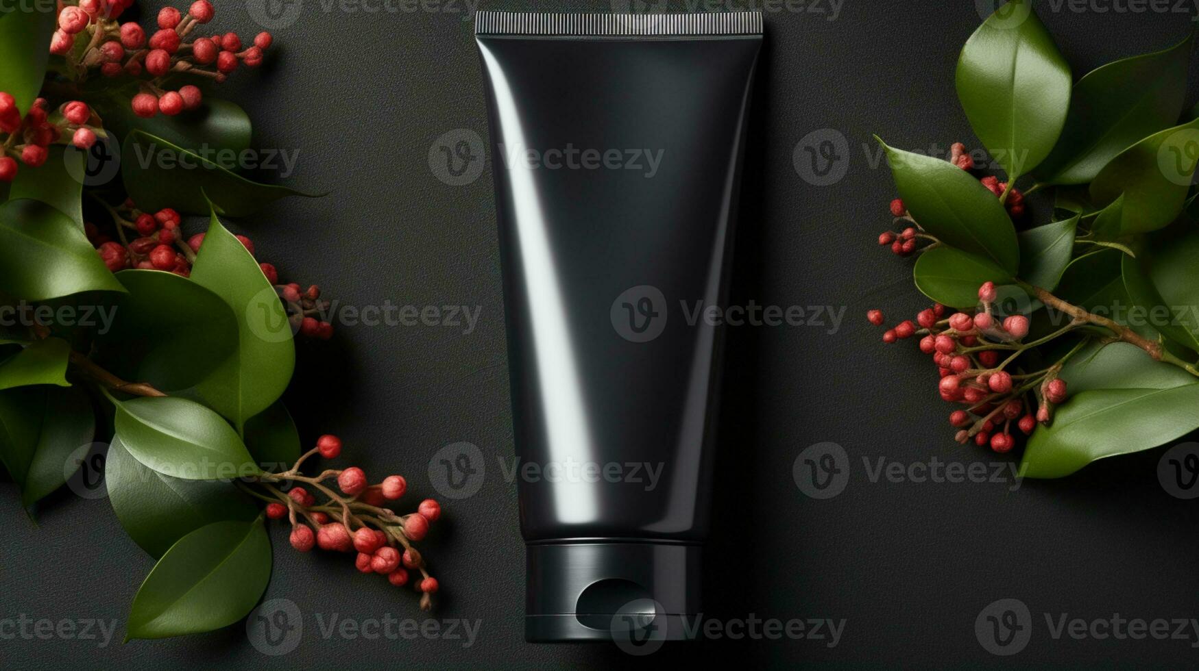 black skin care bottle product and flower on neutral background AI Generative photo