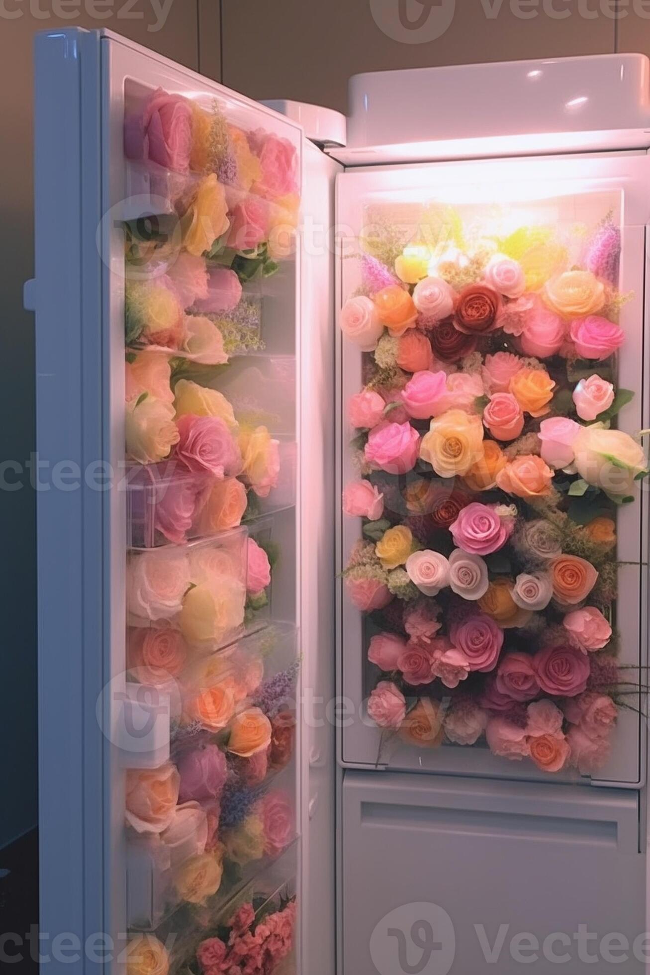 Fresh spring flowers in refrigerator for flowers in flower shop