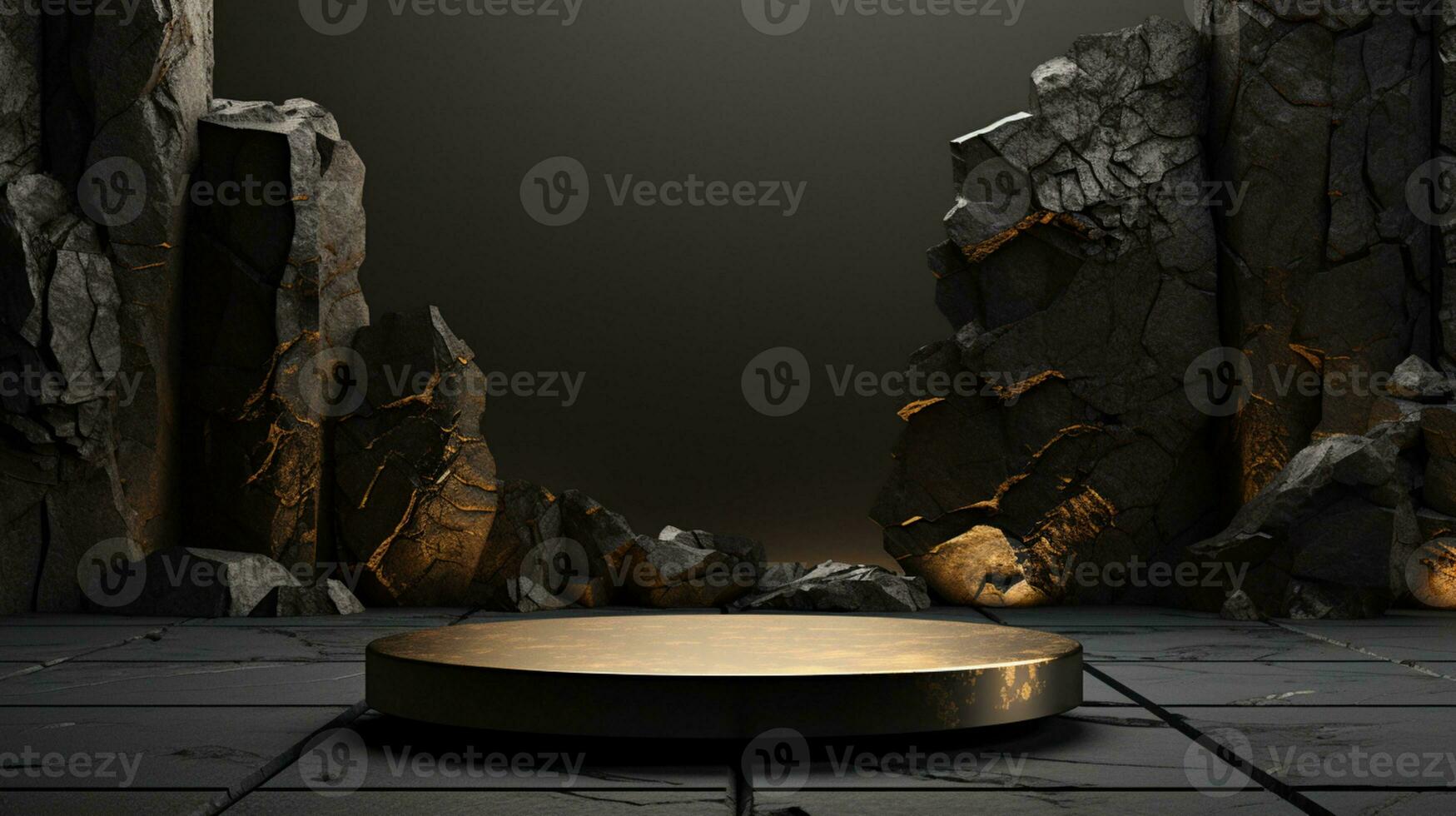 3d rendered Black Empty stage for product podium and stone wall background AI Generative photo