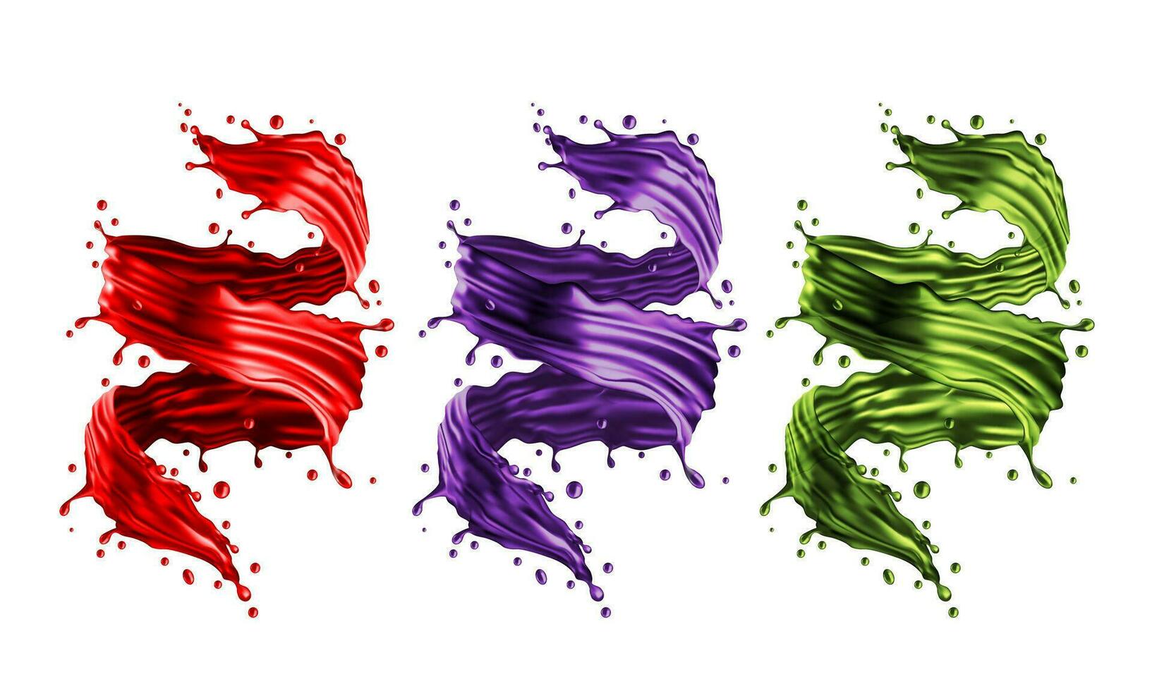 Realistic set collection 3D crear red purple green water spriral dynamic on white background vector