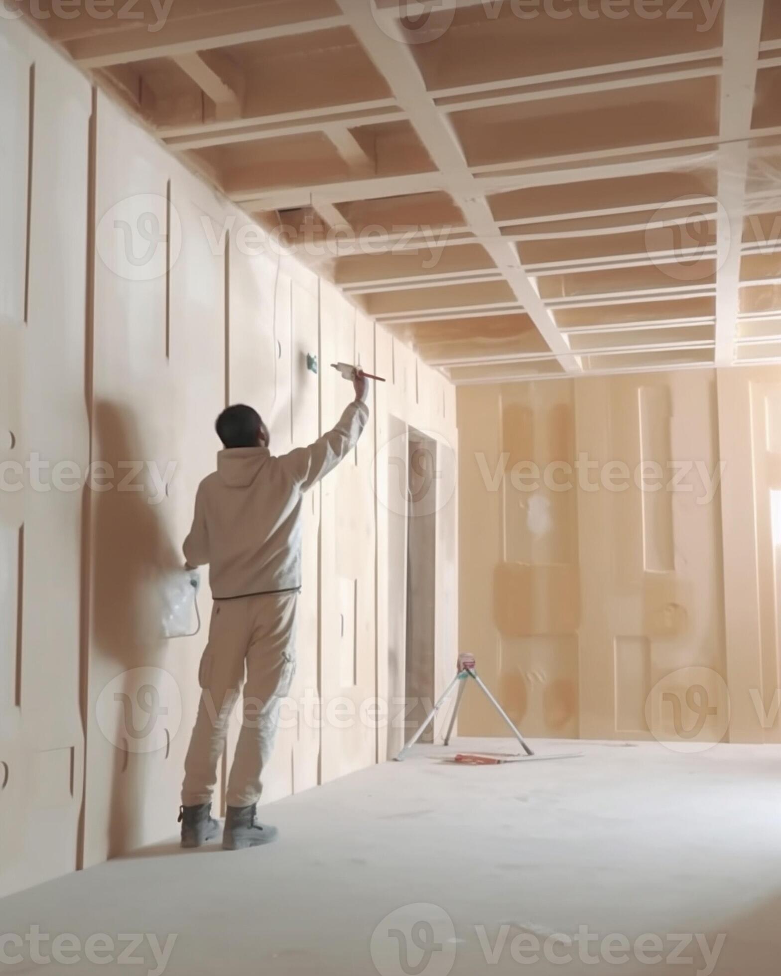 Worker is using a polyurethane foam for gluing drywall at