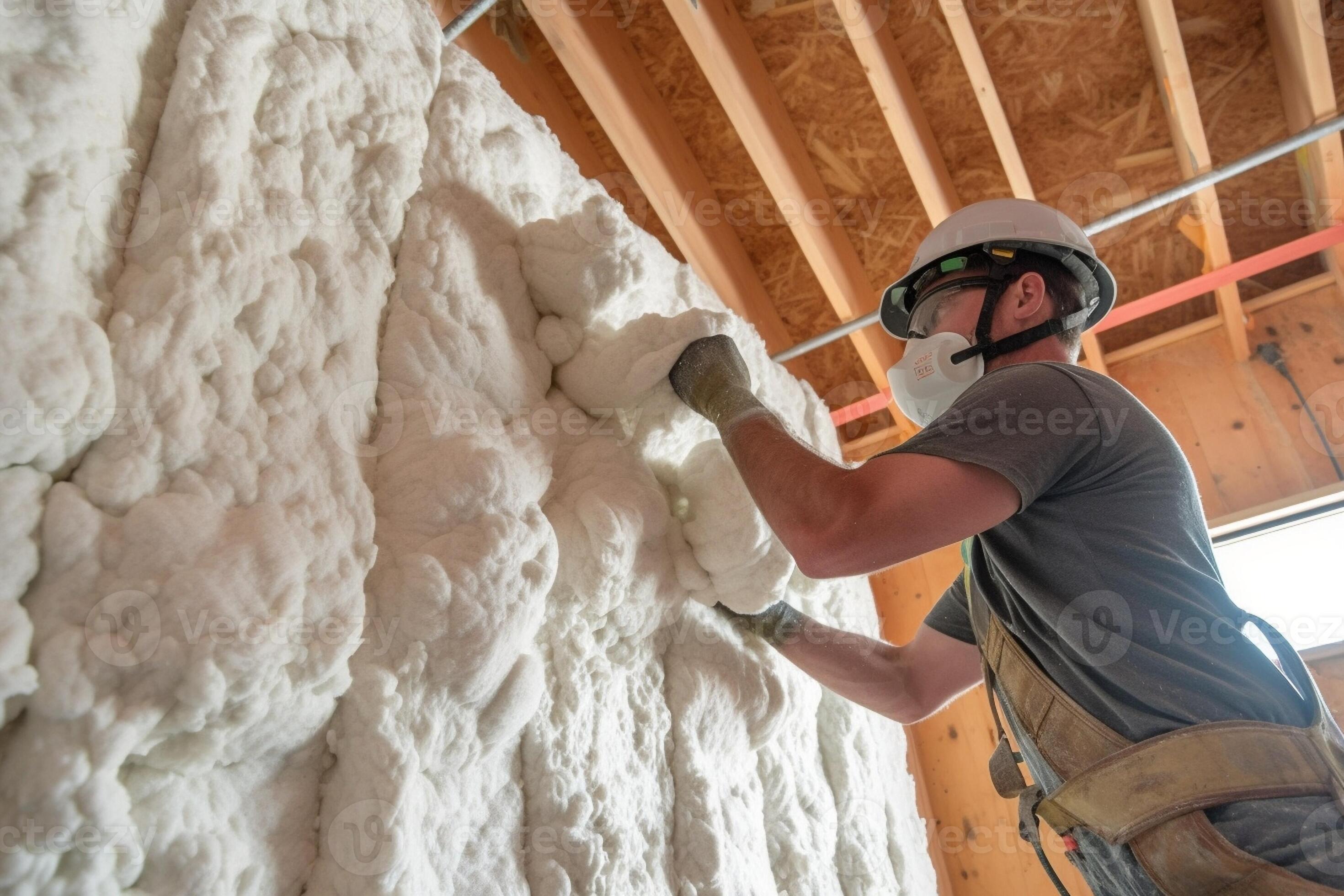 Worker is using a polyurethane foam for gluing drywall at