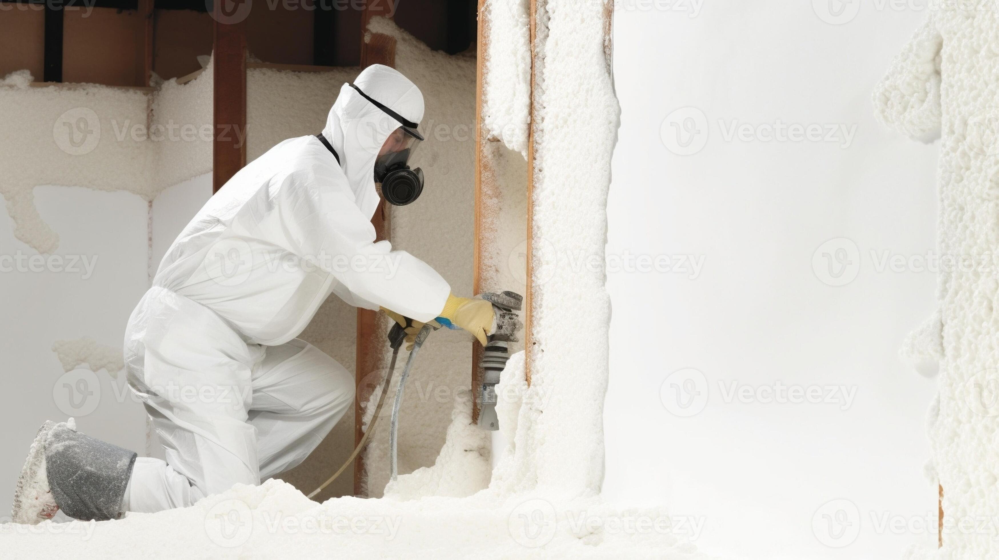 Worker is using a polyurethane foam for gluing drywall at