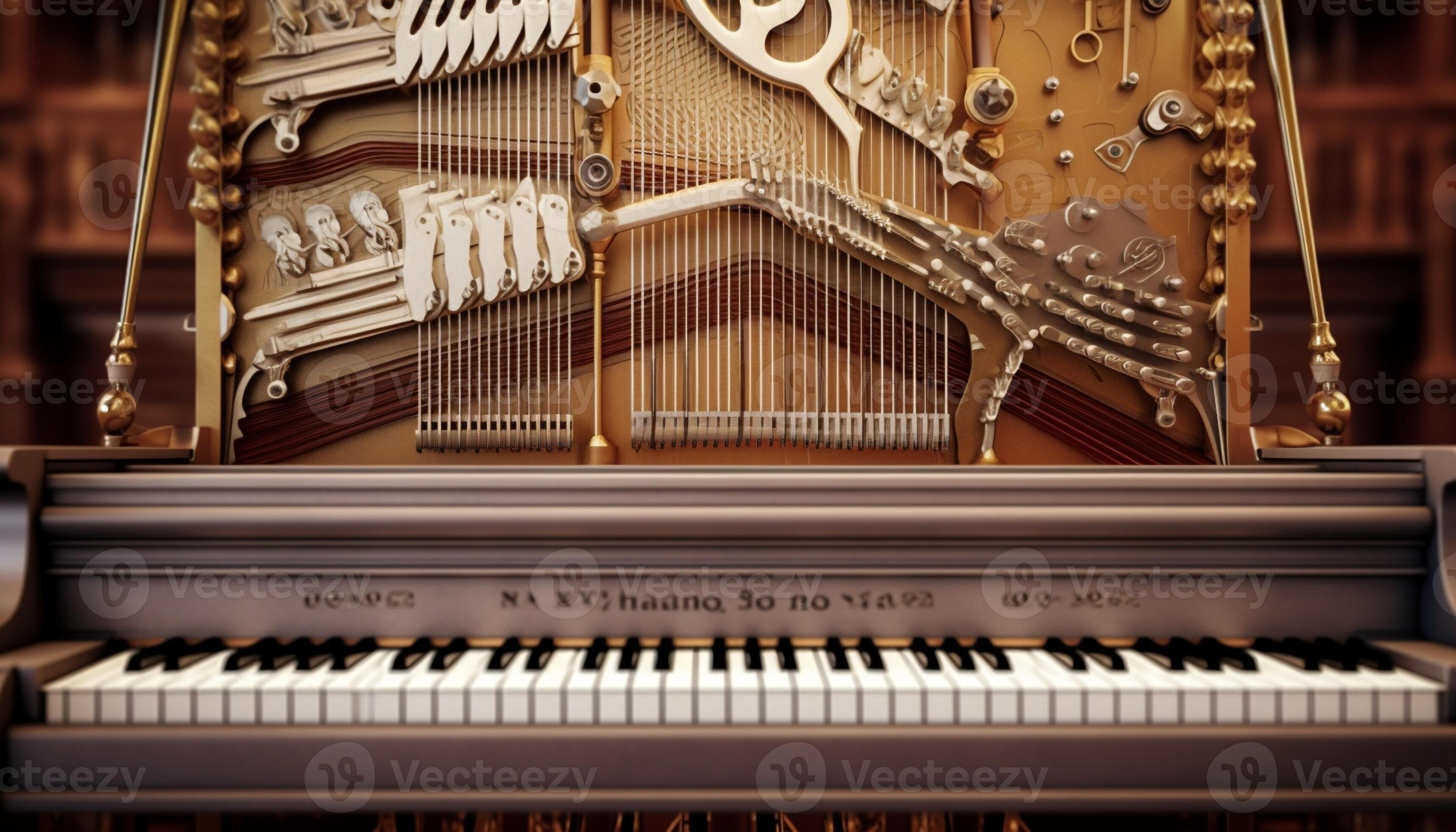 Strings inside a red grand piano Piano playing dampers felt hammers bronze strings and metal