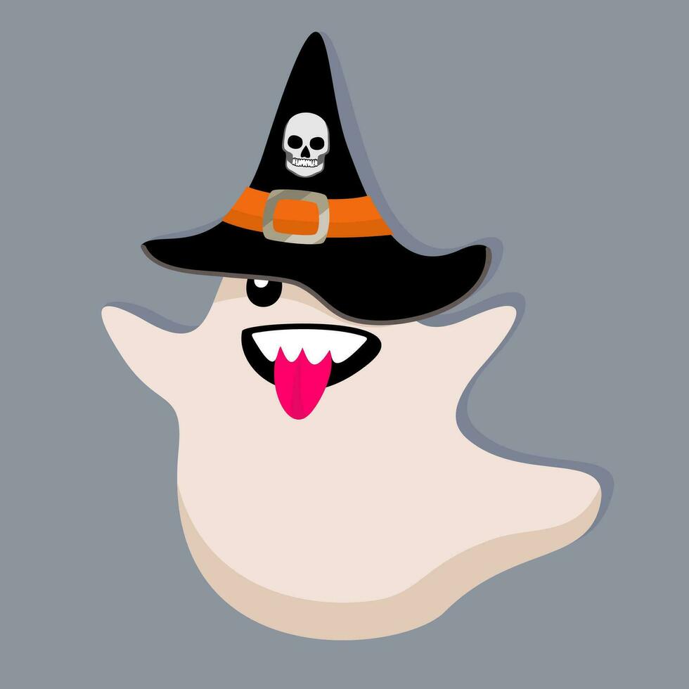 Funny ghost with tongue hanging out in Halloween hat. Vector isolated illustration.