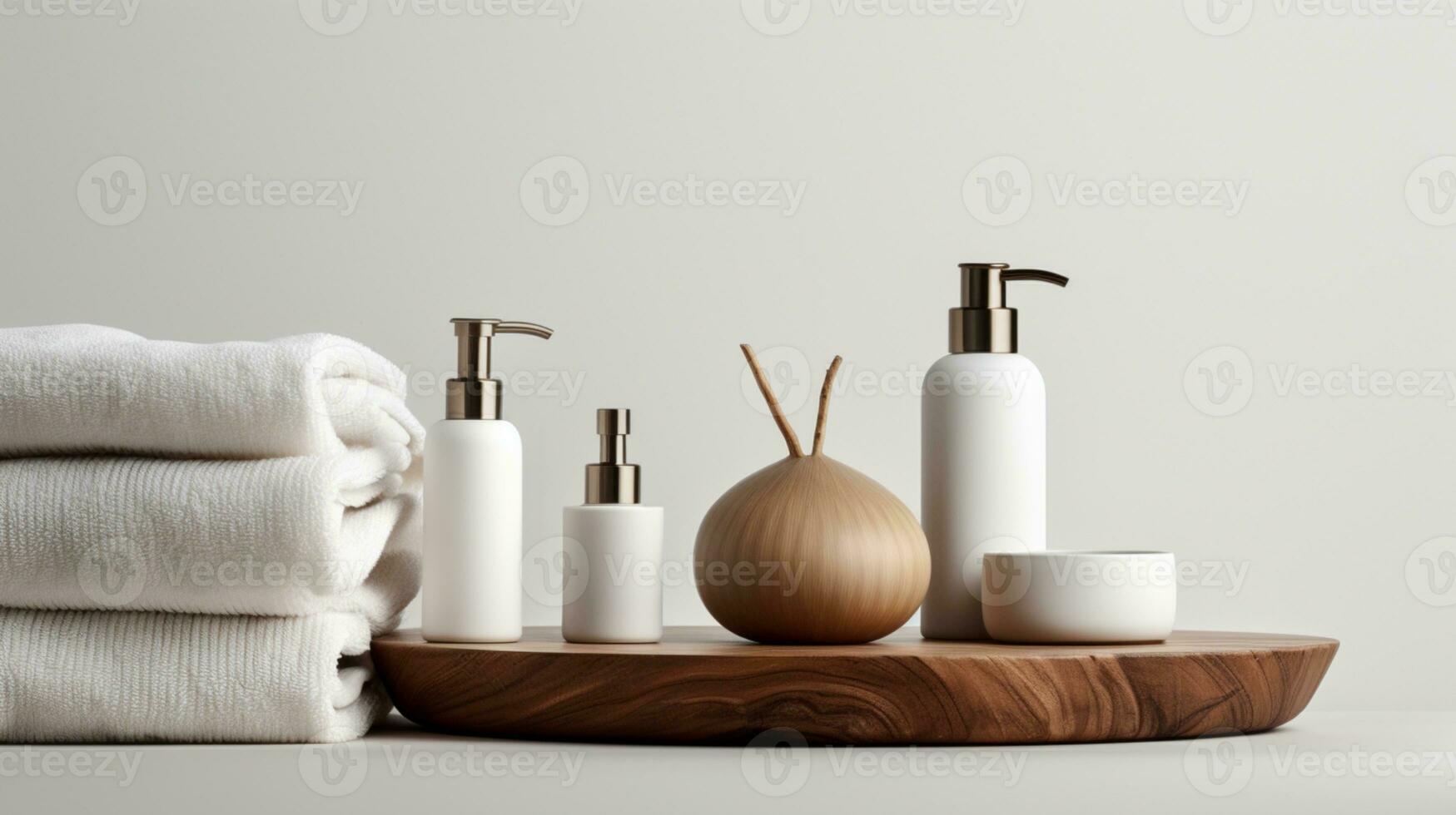 Towels with shampoo, conditioner, shower milk and handmade soap on neutral background. Spa concept AI Generative photo