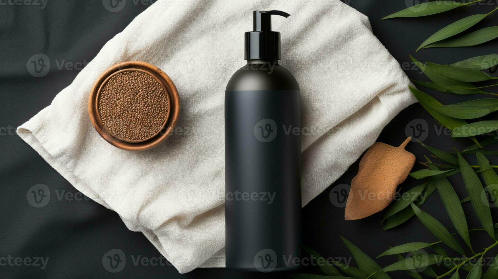 black skin care bottle product and flower on neutral background AI Generative photo