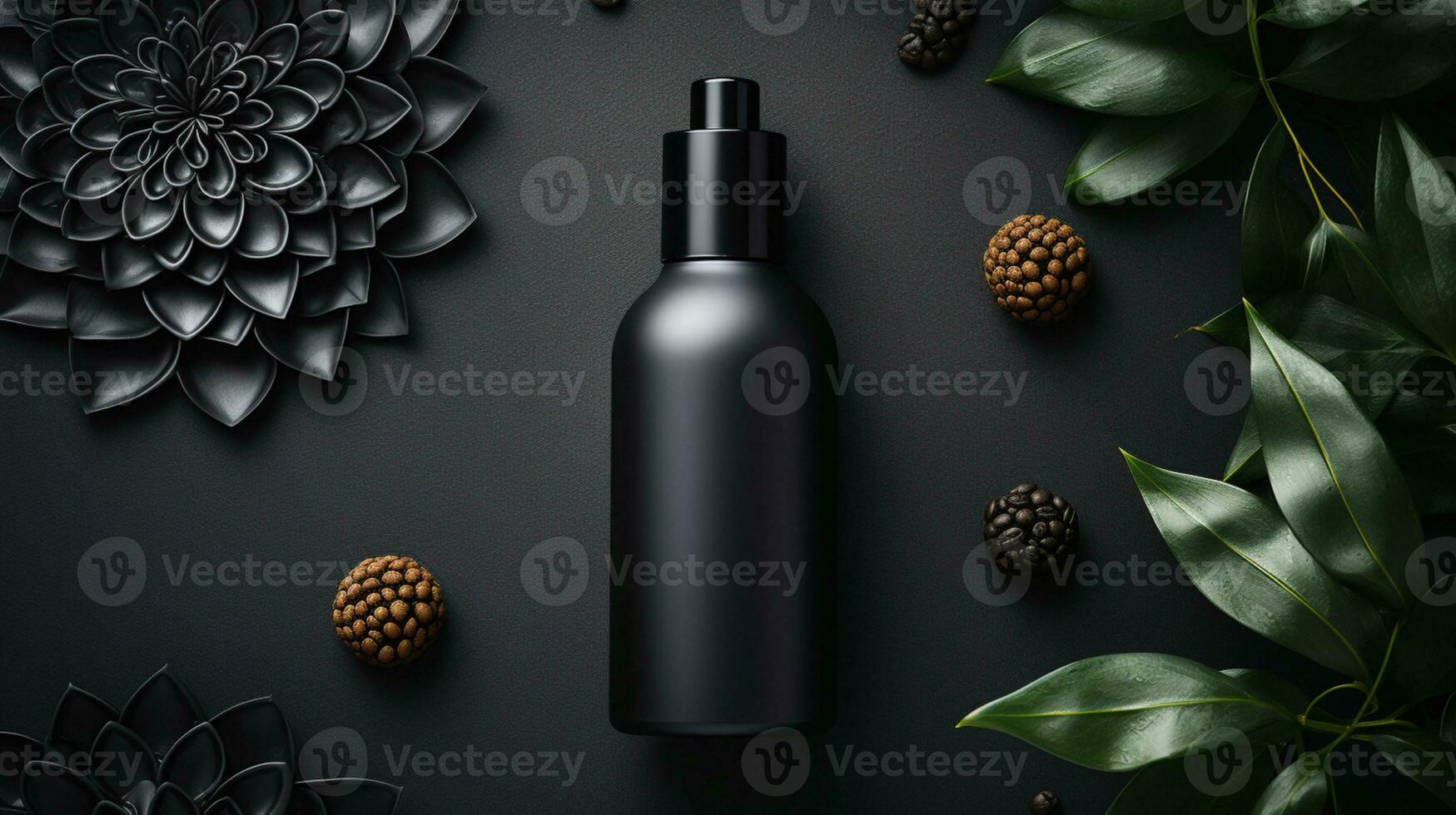 black skin care bottle product and flower on neutral background AI Generative photo