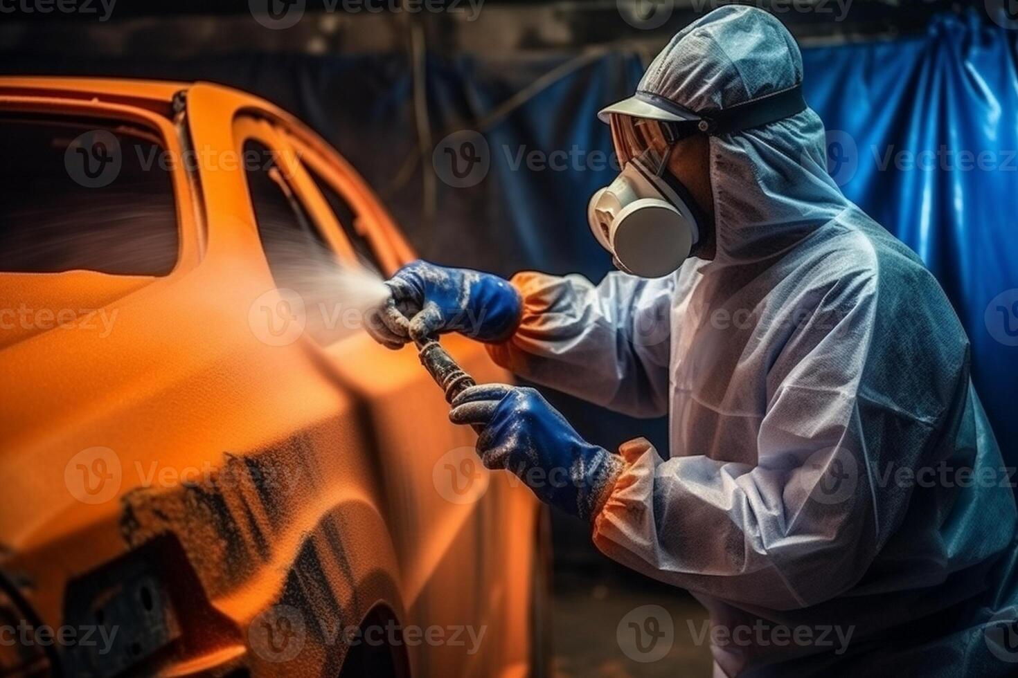 Portrait of professional auto painter Worker painting parts of the car