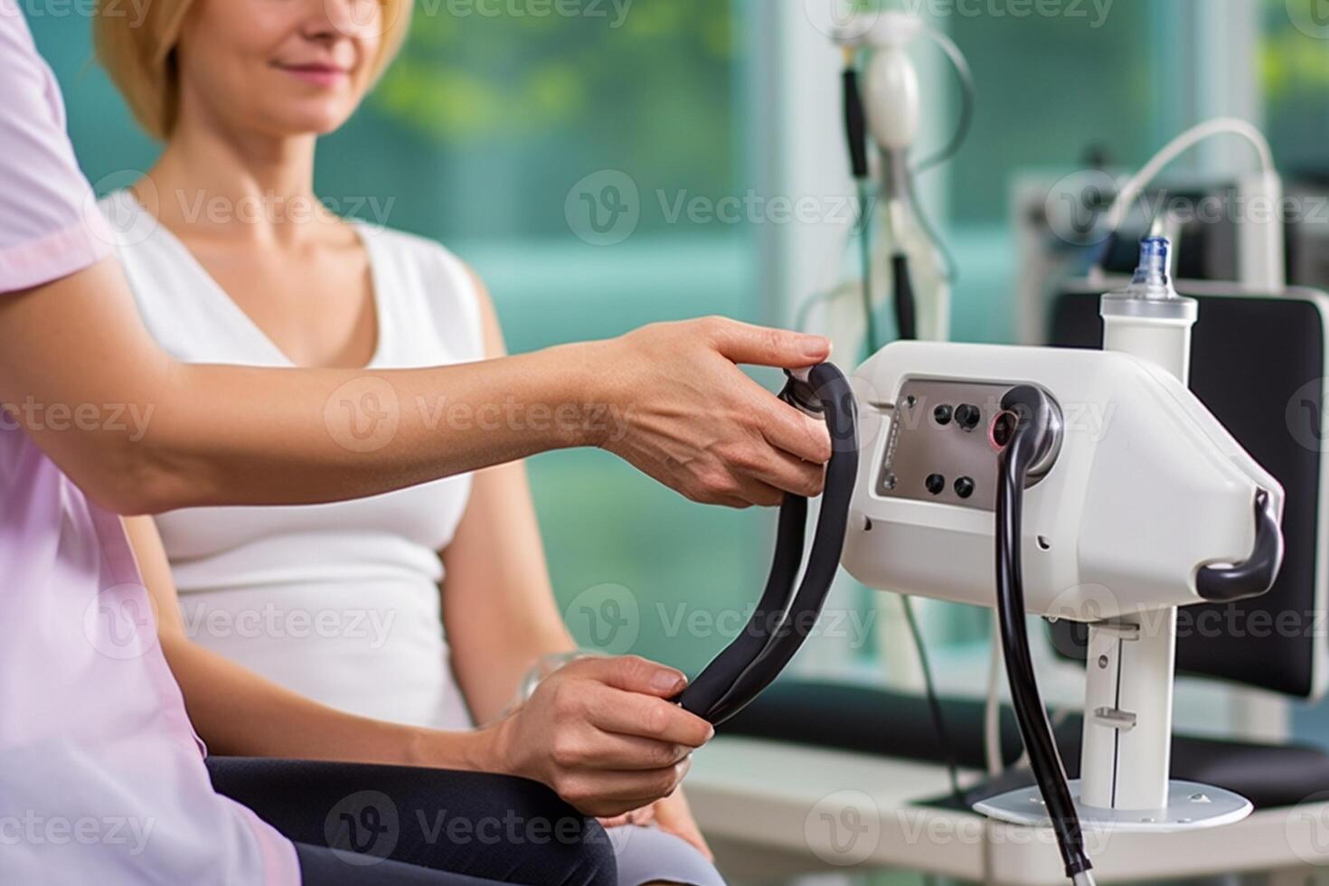The nurse measures arterial tension Man patient pedaling on a bicycle