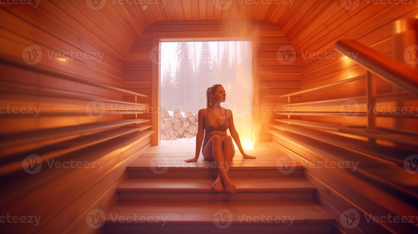 Young woman relaxing in a sauna dressed in a towel Interior of new