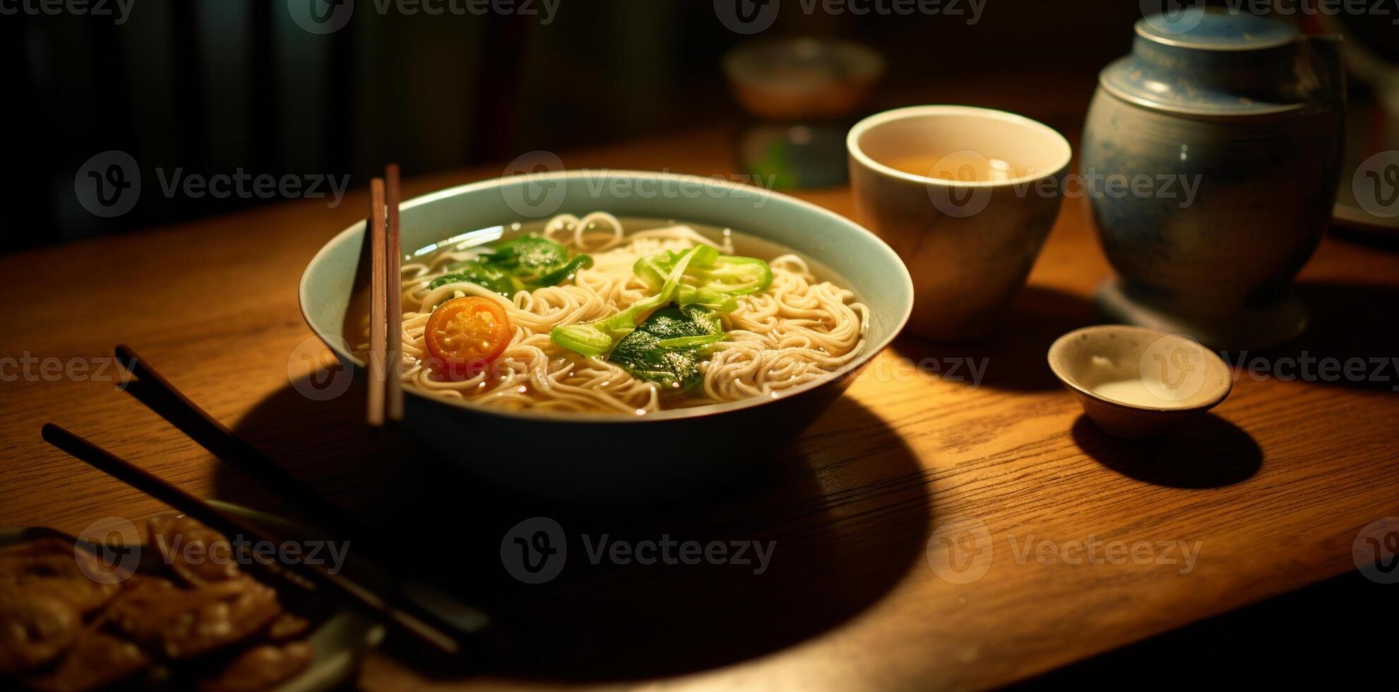 Close shot of chopsticks with noodles near the soup with blurred background AI Generative photo