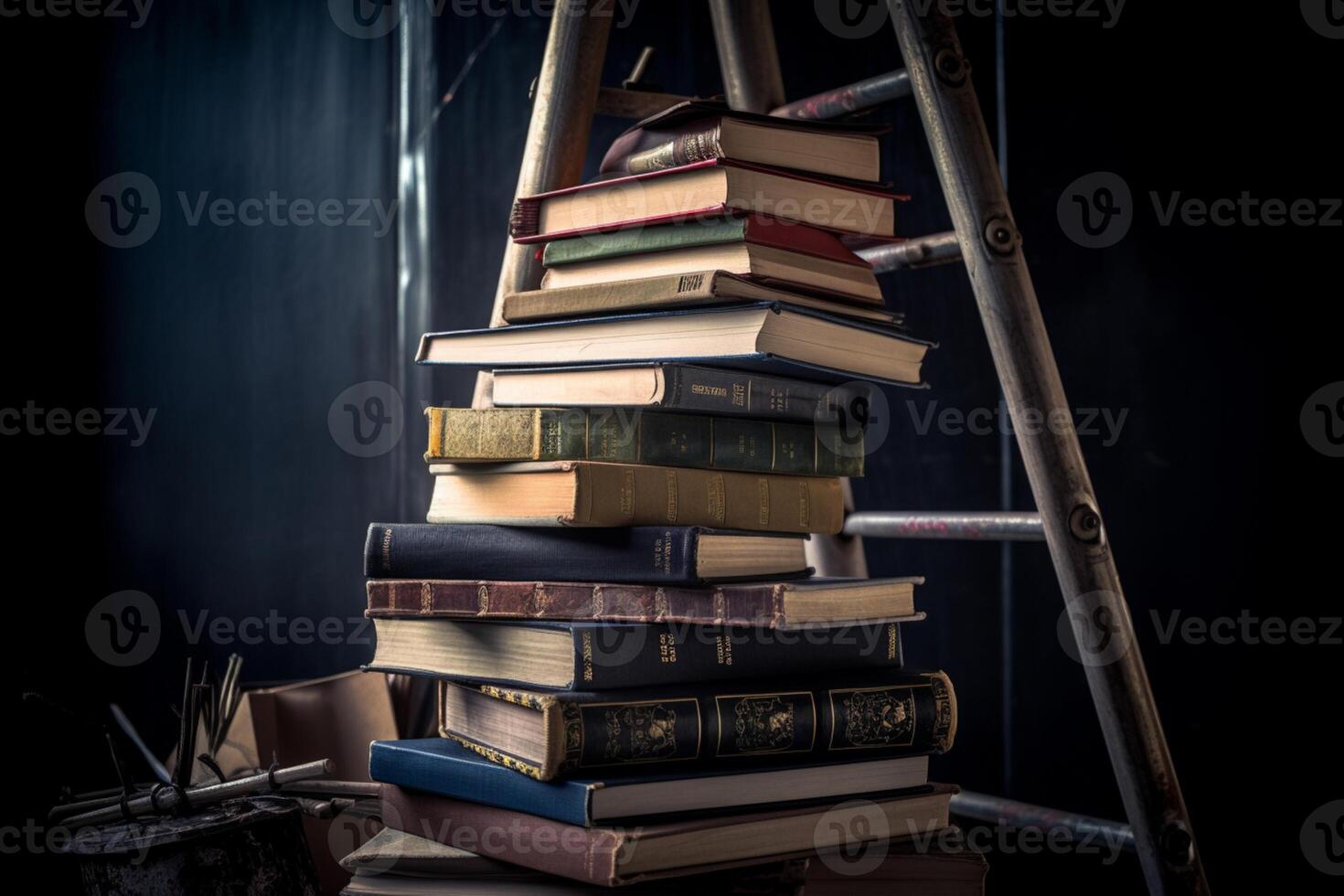 front view of stacked books, a graduation cap and ladders for education day photo