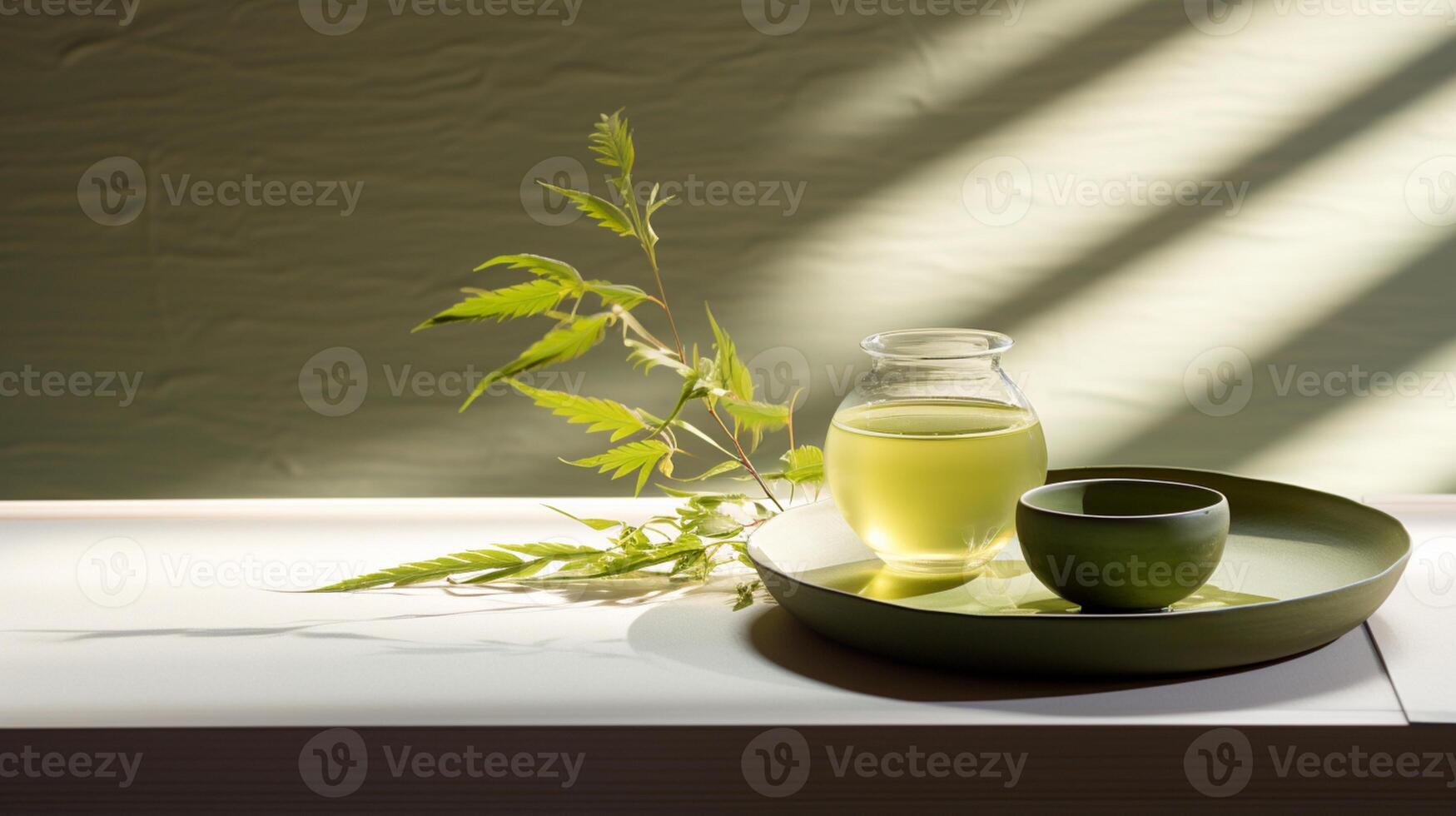 flat lay cup of tea and natural herbs leaves photo