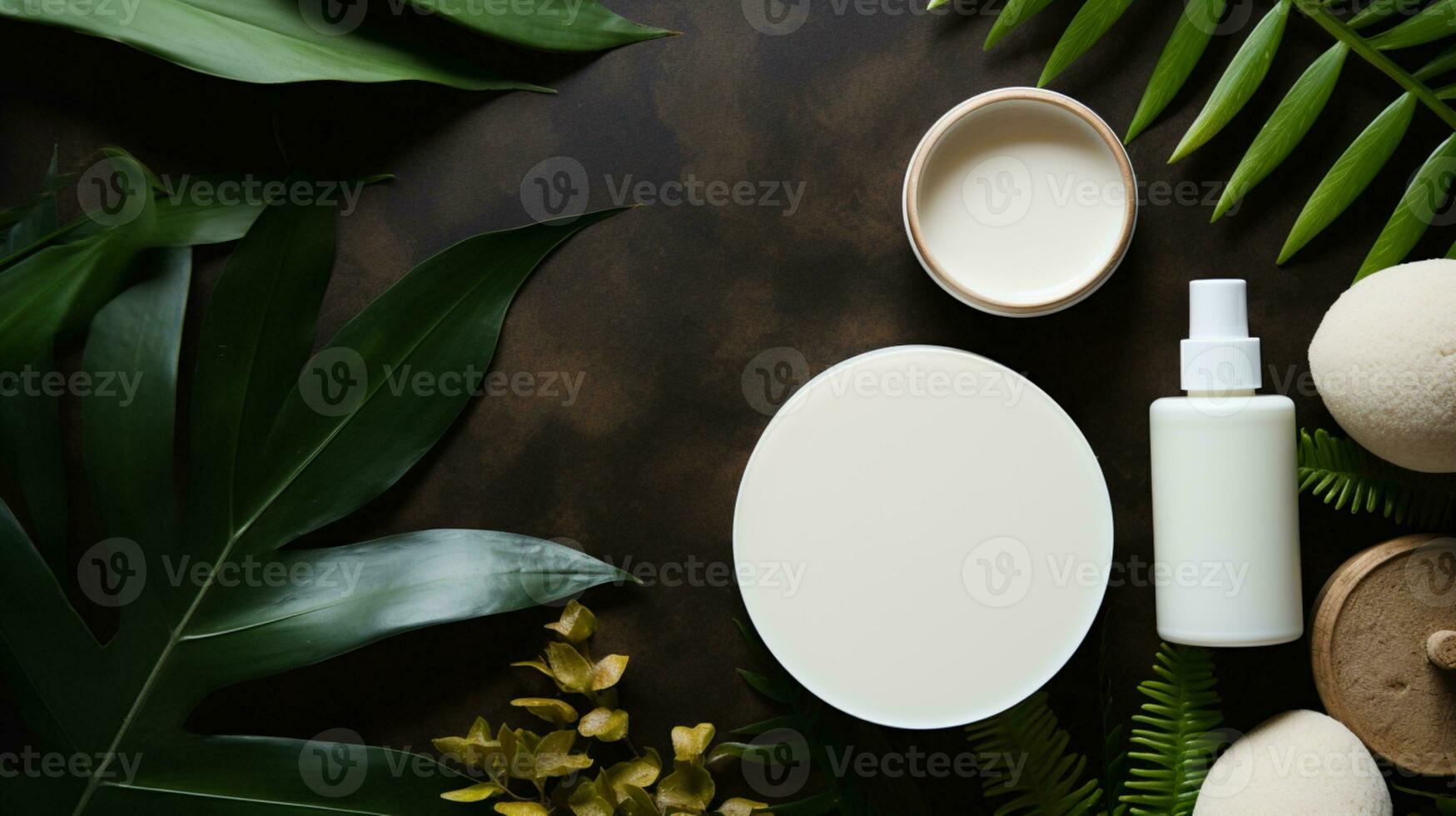 top view of cream with flowers on neutral background. Spa concept AI Generative photo
