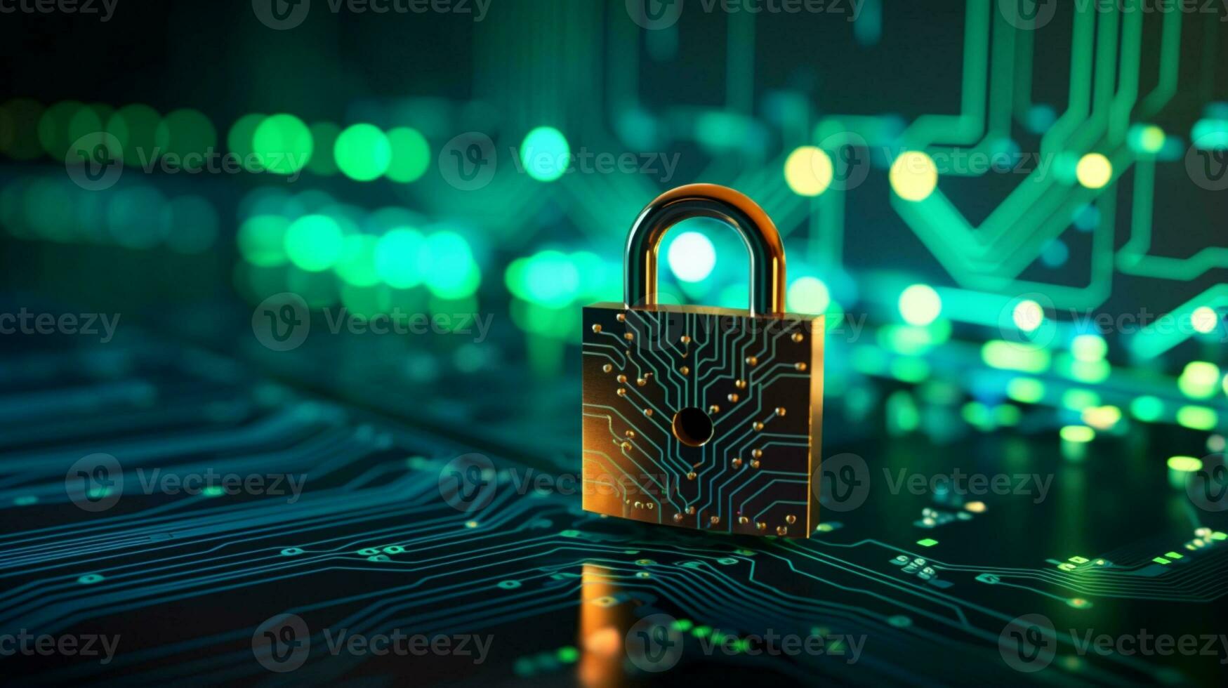 tech background with padlock on circuit modern safety cybersecurity concept ai generative photo