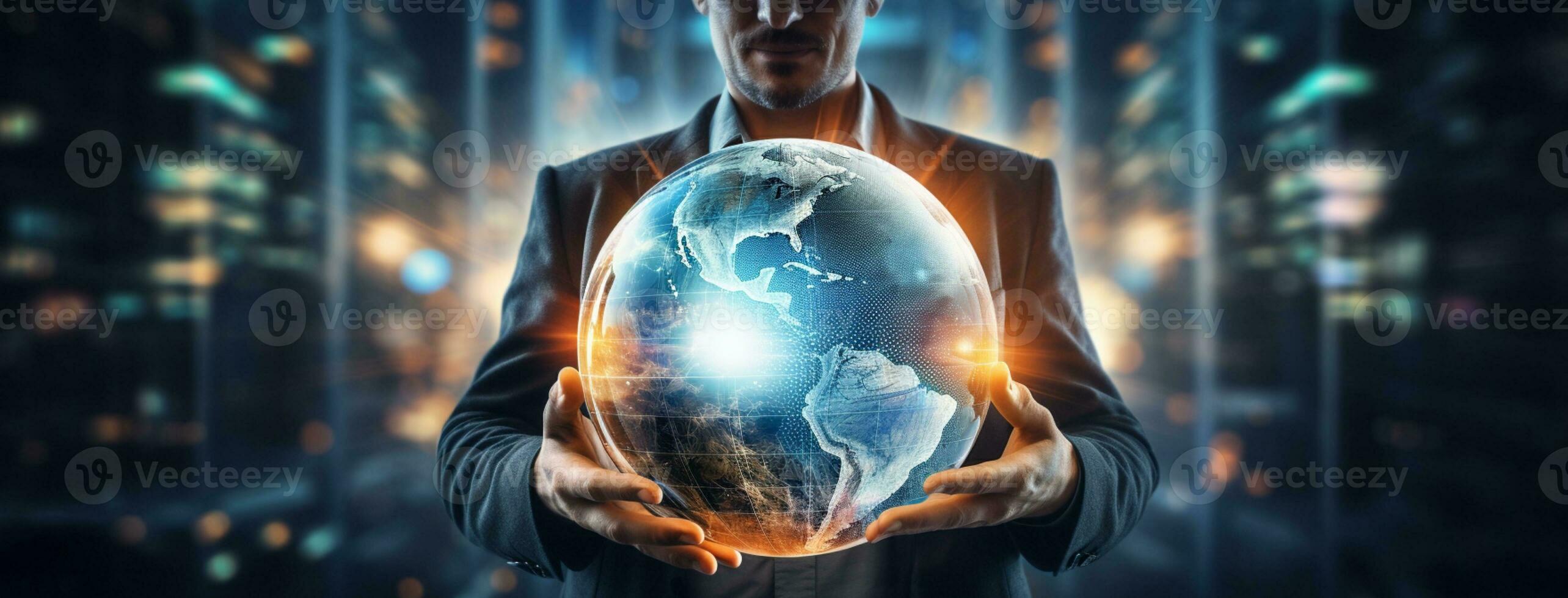 Businessman hold global business earth in his hands ai generative photo