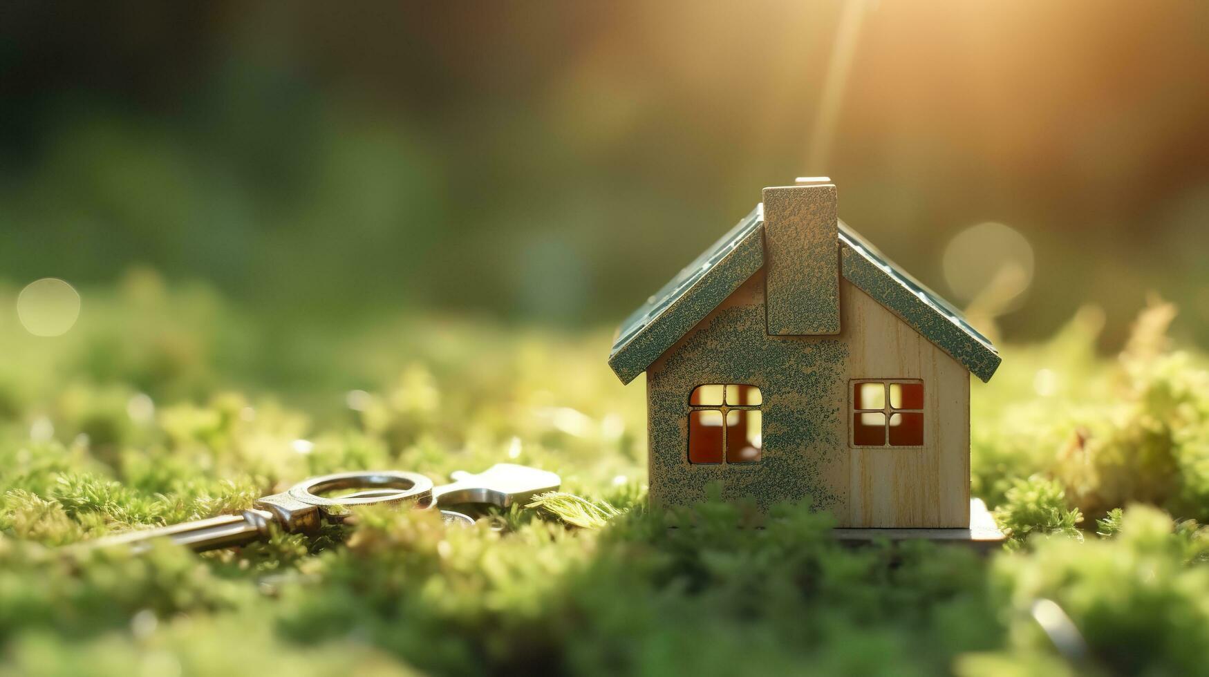 Copy space of home. Small model home on green grass with sunlight. AI Generative photo
