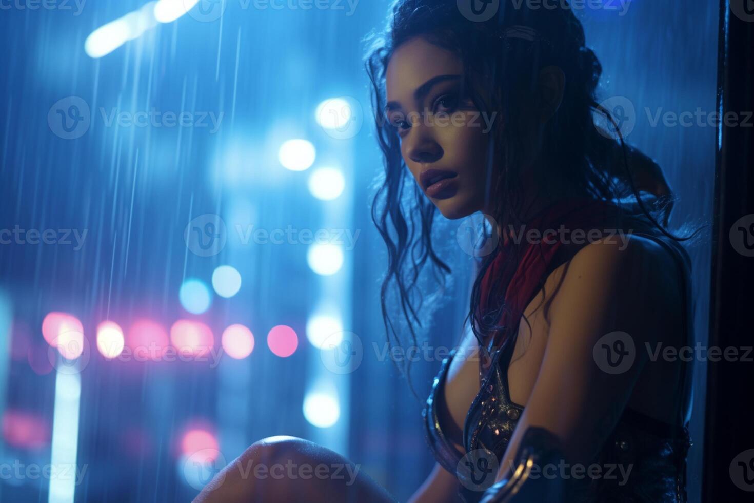 an attractive women sitting in the street and raining cyber punk photo
