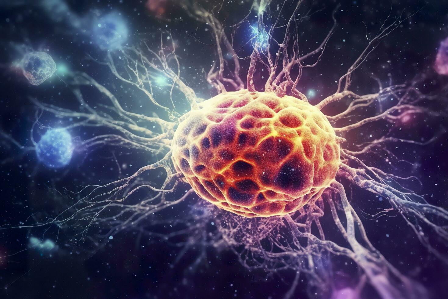Active neurons in the brain, close up view. Scientific Generative illustration. AI Generative photo