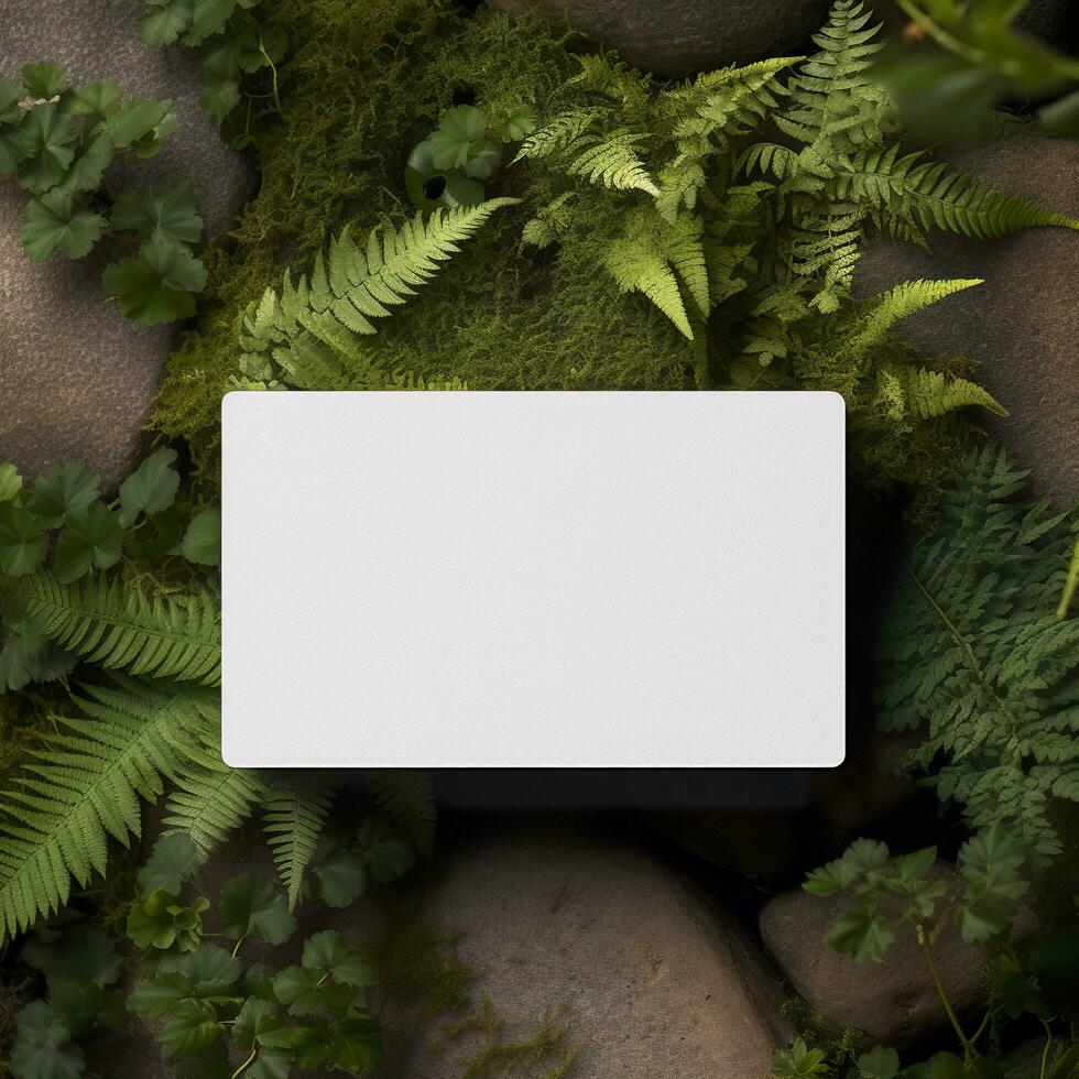 Blank business card on green leaves background. Generative AI photo