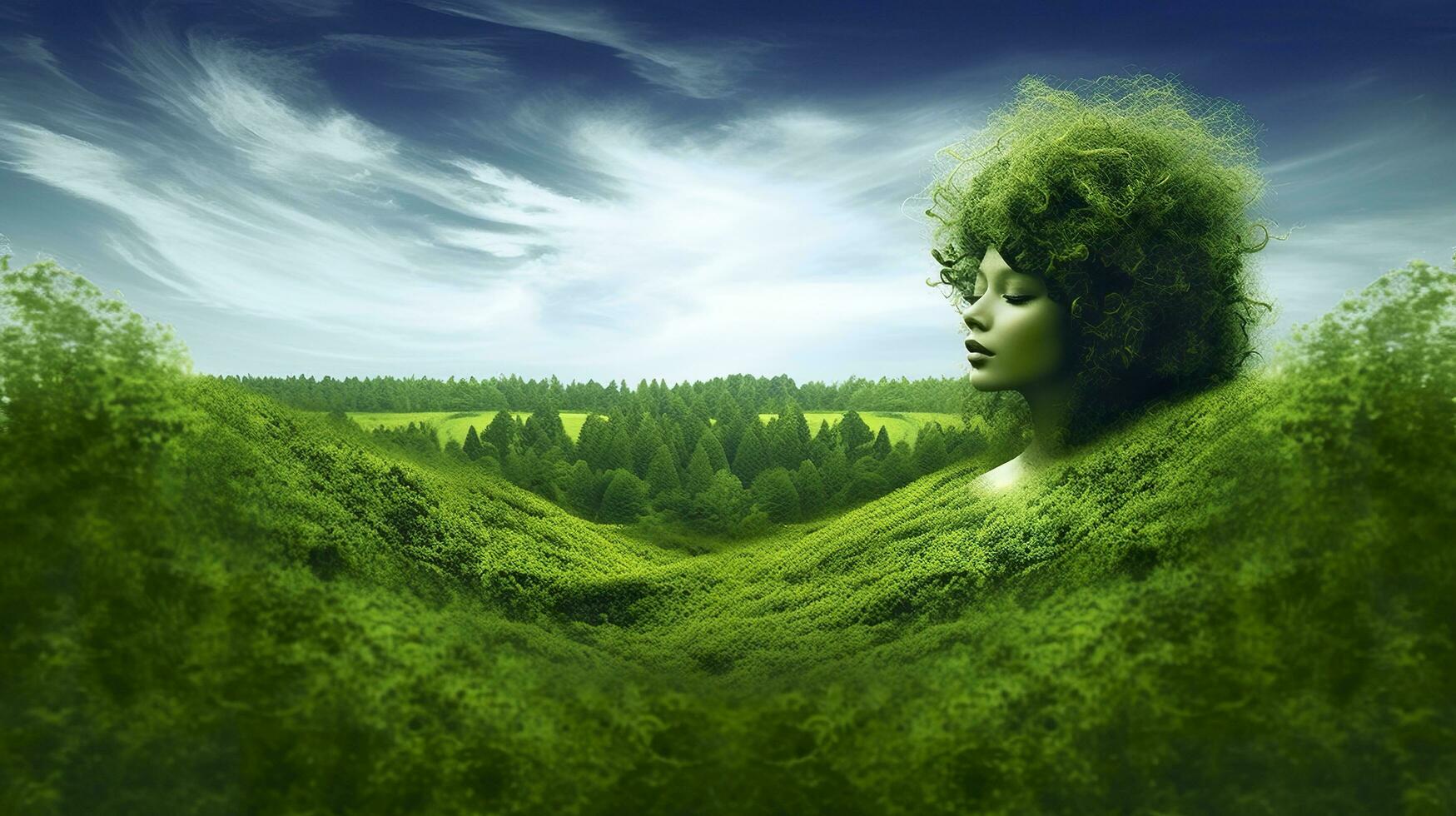 Green woman in a green greener, Green nature with white clouds and sky.  AI Generative photo