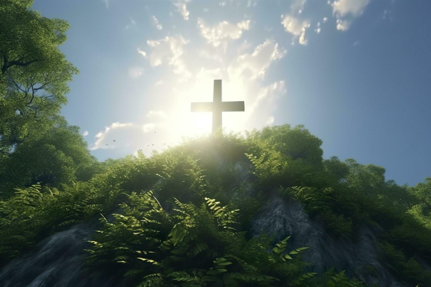 The cross of God with green Leaf, in the rays of the sun and blue sky. Cross on the hill with green trees and graeen natural view. Religious concept, AI Generative photo