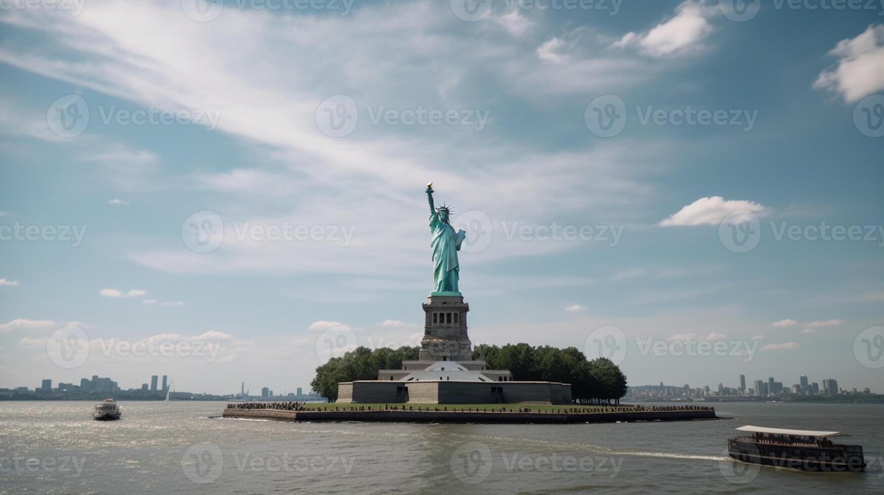 Statue of liberty and the new york city skyline, usa. AI Generative photo