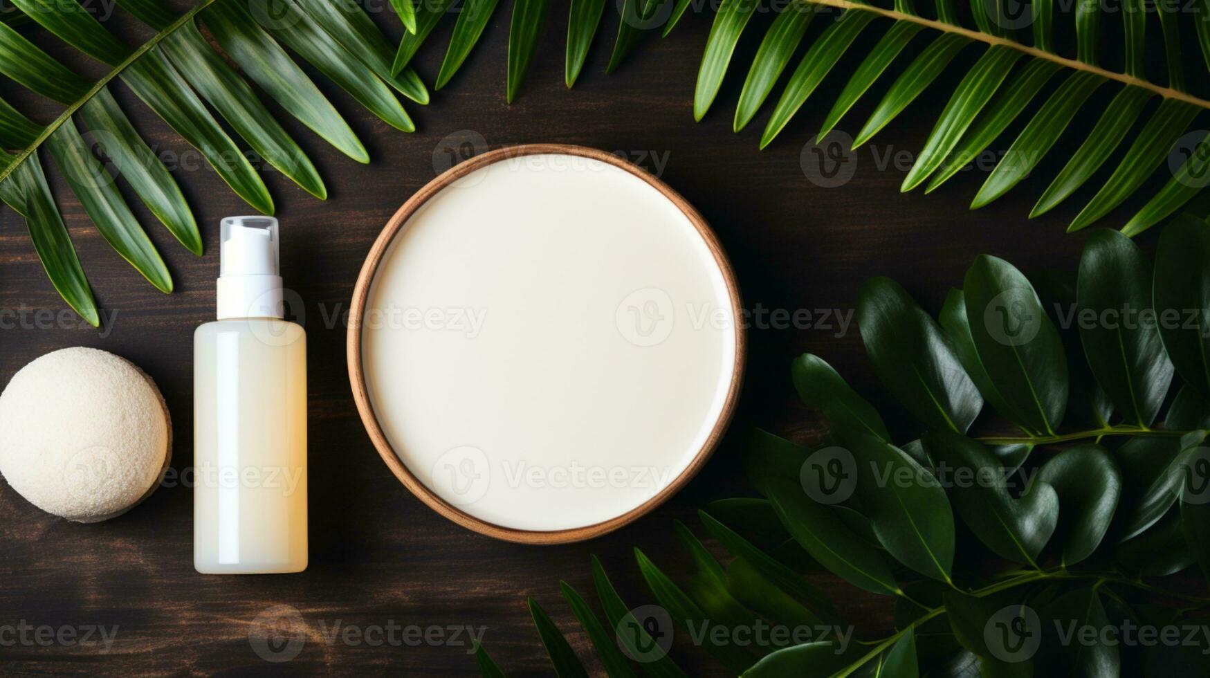 top view of cream with flowers on neutral background. Spa concept AI Generative photo