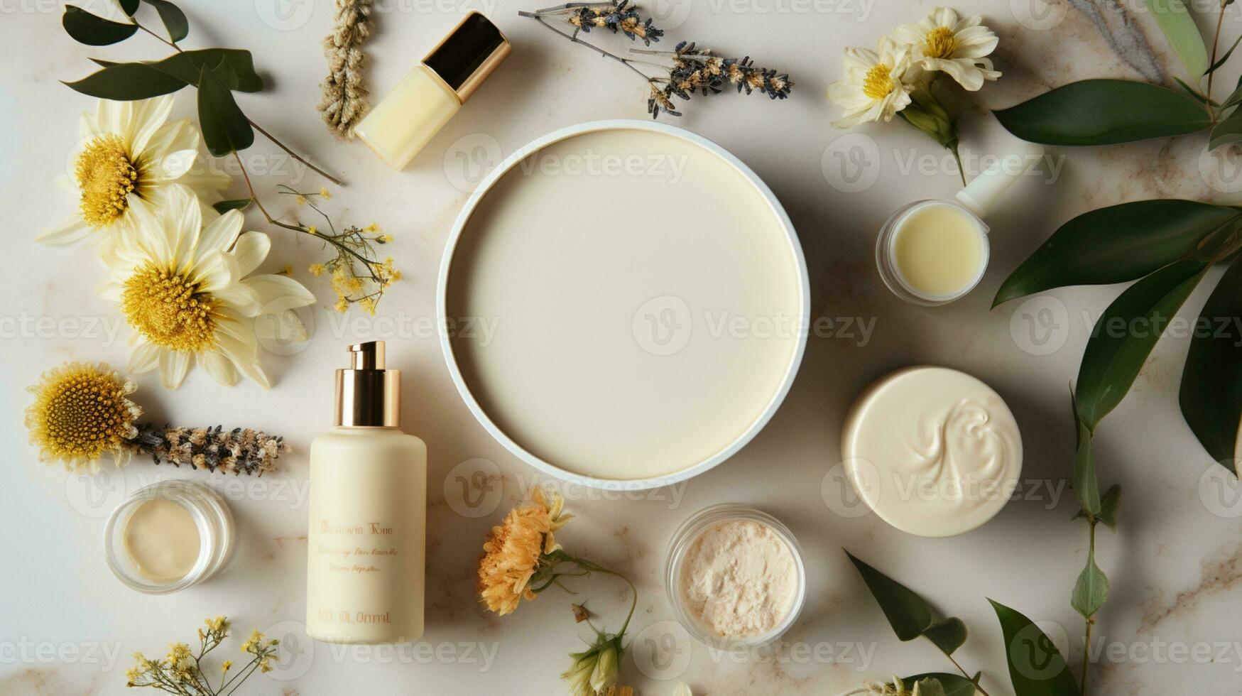 top view of cream with flowers on neutral background. Spa concept AI Generative photo