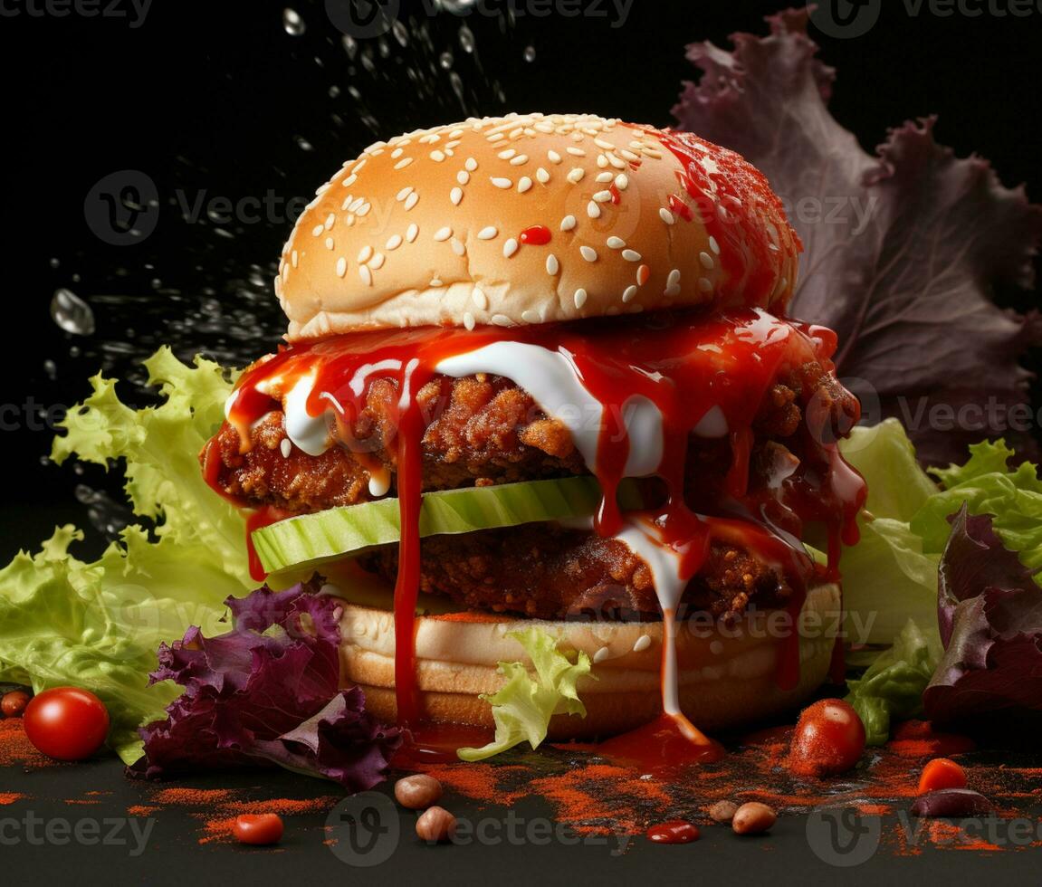 Double hamburger isolated on Black background ai generative photo