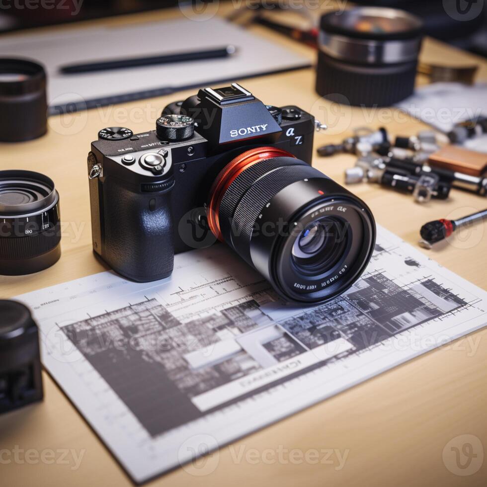 a professional camera on the table with lenses photo