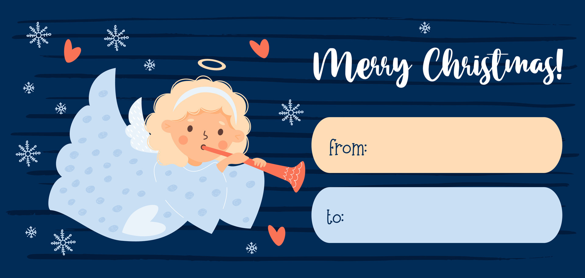 Merry Christmas gift card tag Little cartoon angel girl with trumpet