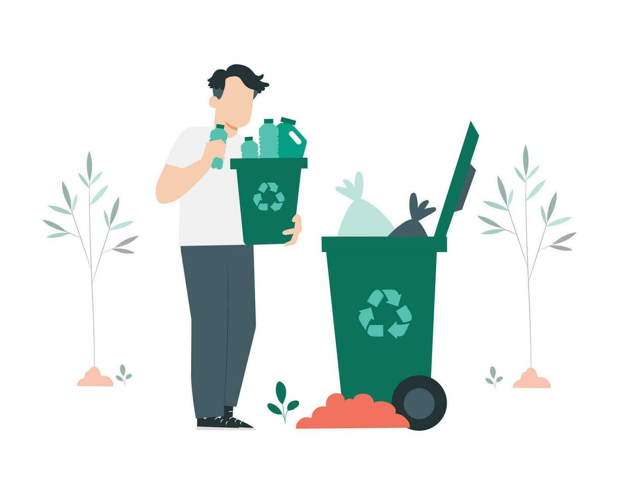 voluntario lanzamiento basura dentro basura poder. plano estilo vector ilustración para sustentabilidad practicas y ambiente ahorro conceptual diseño.