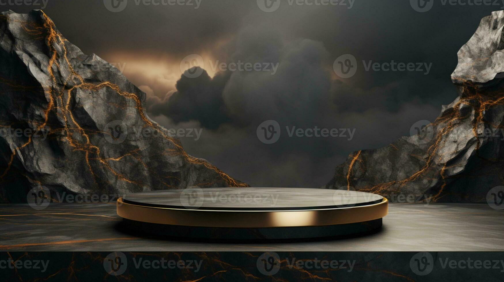 3d rendered Black Empty stage for product podium and stone wall background AI Generative photo