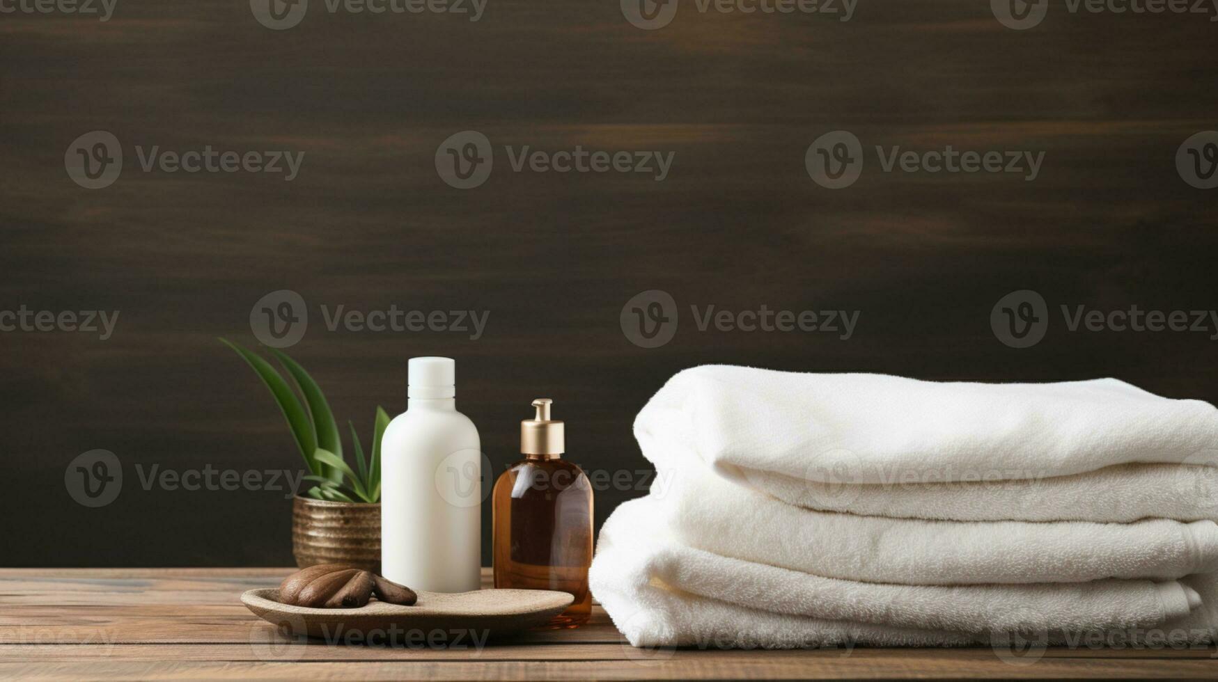 Towels with shampoo, conditioner, shower milk and handmade soap on neutral background. Spa concept AI Generative photo