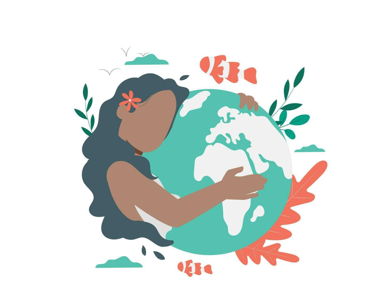 Vector illustration of World Environment Day. Girl holding Earth globe in her hands.