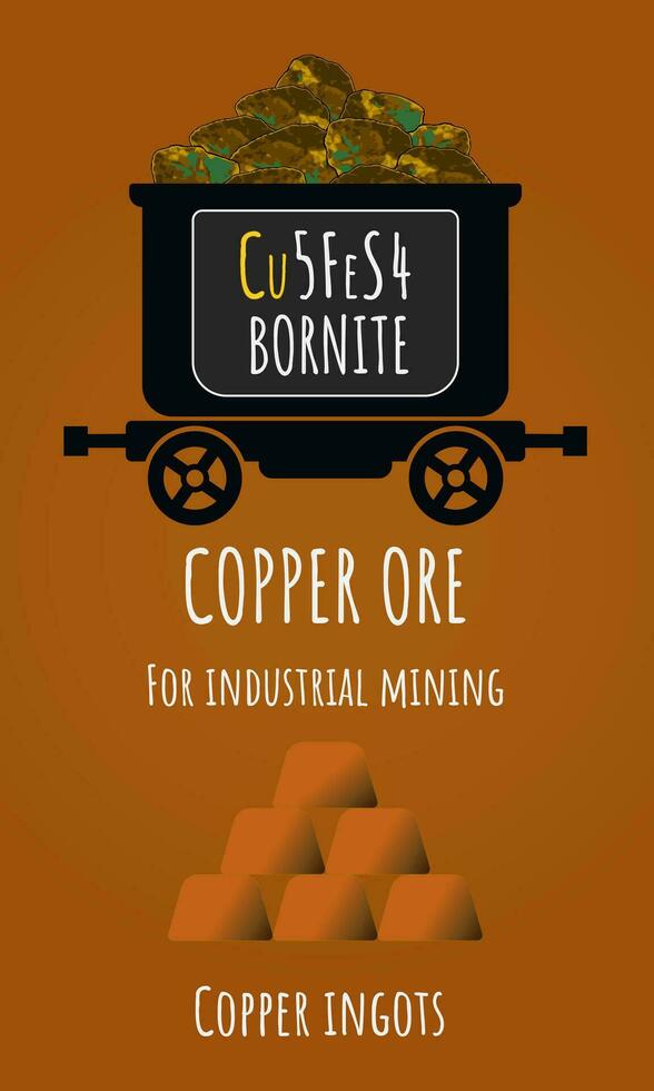 Set of vector illustrations of copper ore and copper ingots. INDUSTRIAL COPPER MINERALS. Bornite. Strategic minerals.