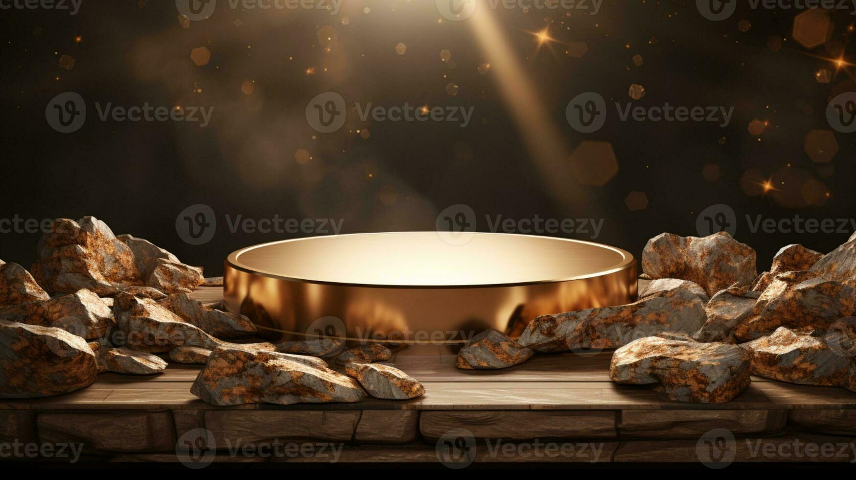 3d rendered wooden and golden Luxury Empty stage for product podium and stone wall background AI Generative photo