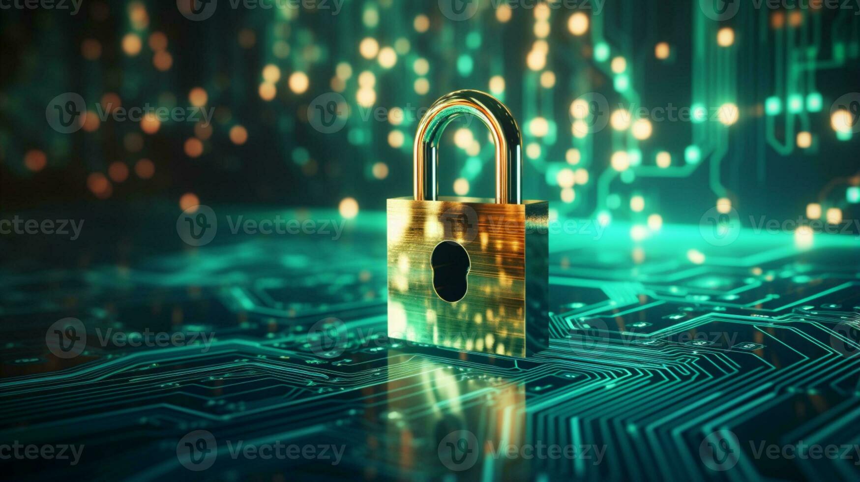 tech background with padlock on circuit modern safety cybersecurity concept ai generative photo