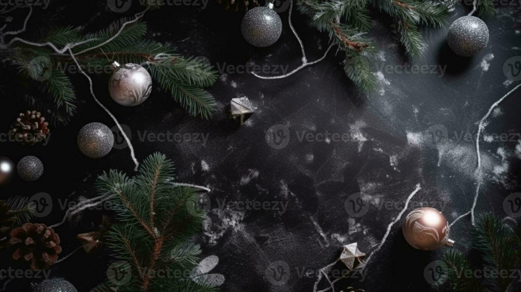 Christmas ornaments with gift boxes , fir and copy space AI Generative photo