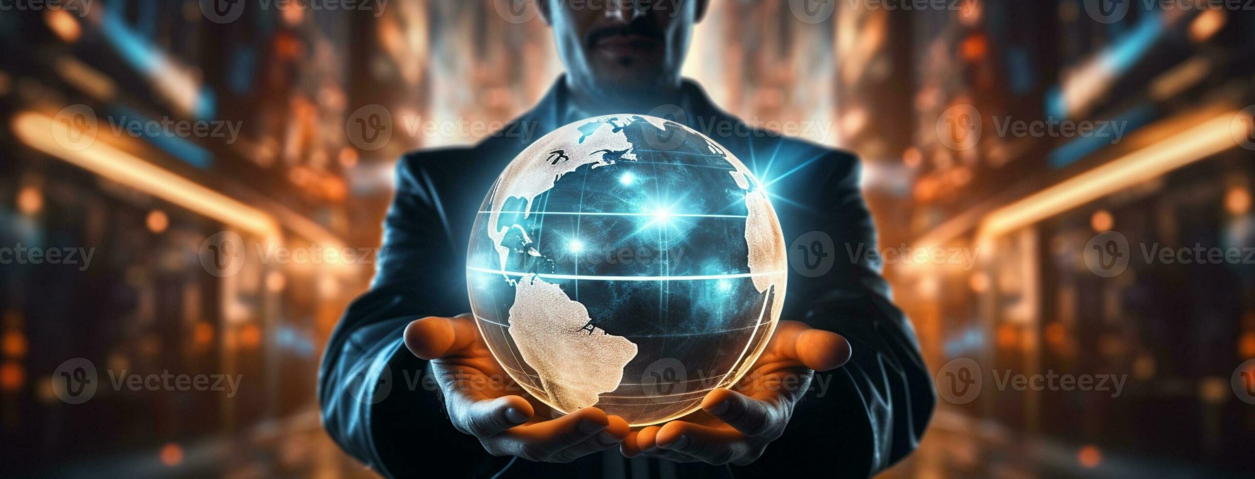 Businessman hold global business earth in his hands ai generative photo